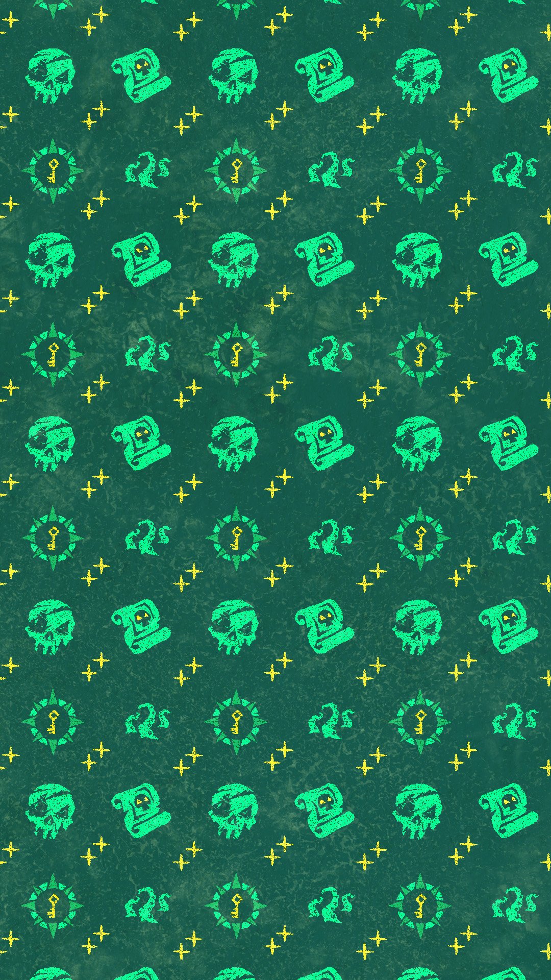 Sea of Thieves themed phone wallpaper featuring green skeleton and coin icons on a dark background.