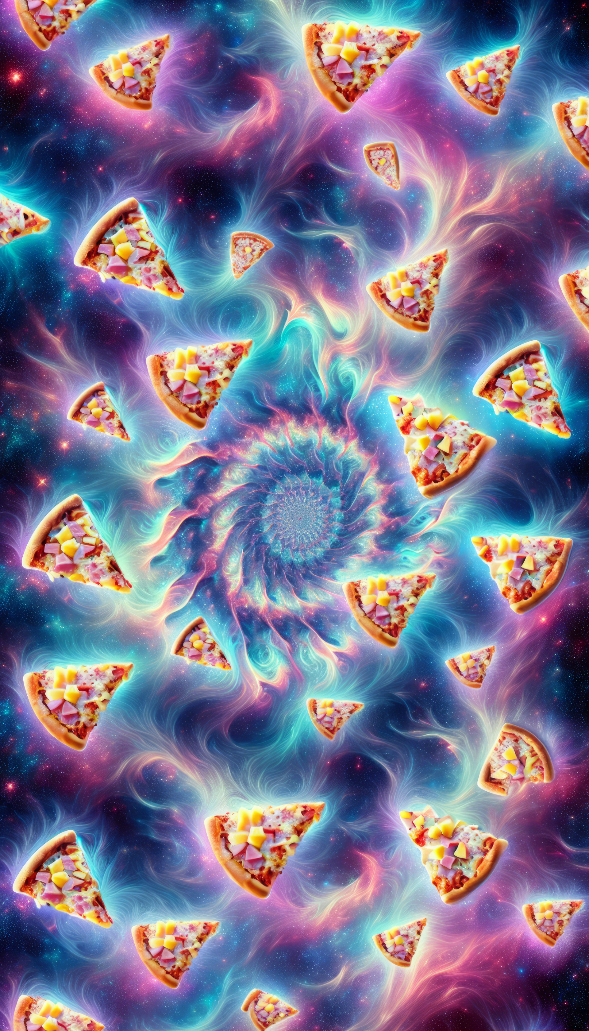 A vibrant phone wallpaper featuring swirling cosmic colors and repeated slices of Hawaiian pizza, showcasing pineapple and ham in a whimsical, dreamy design.