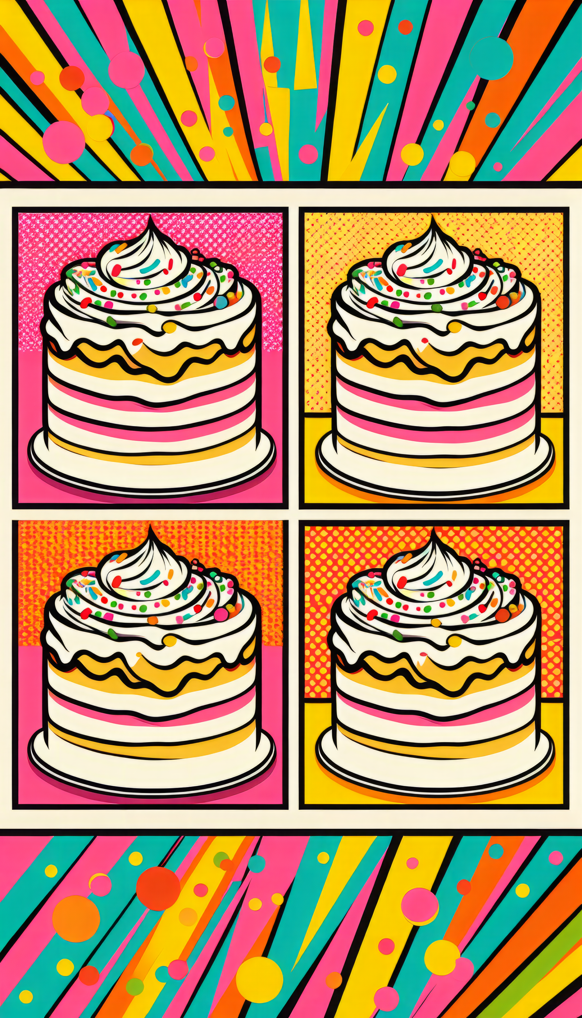 Colorful phone wallpaper featuring cartoon vanilla cake illustrations on a vibrant pop-art background.