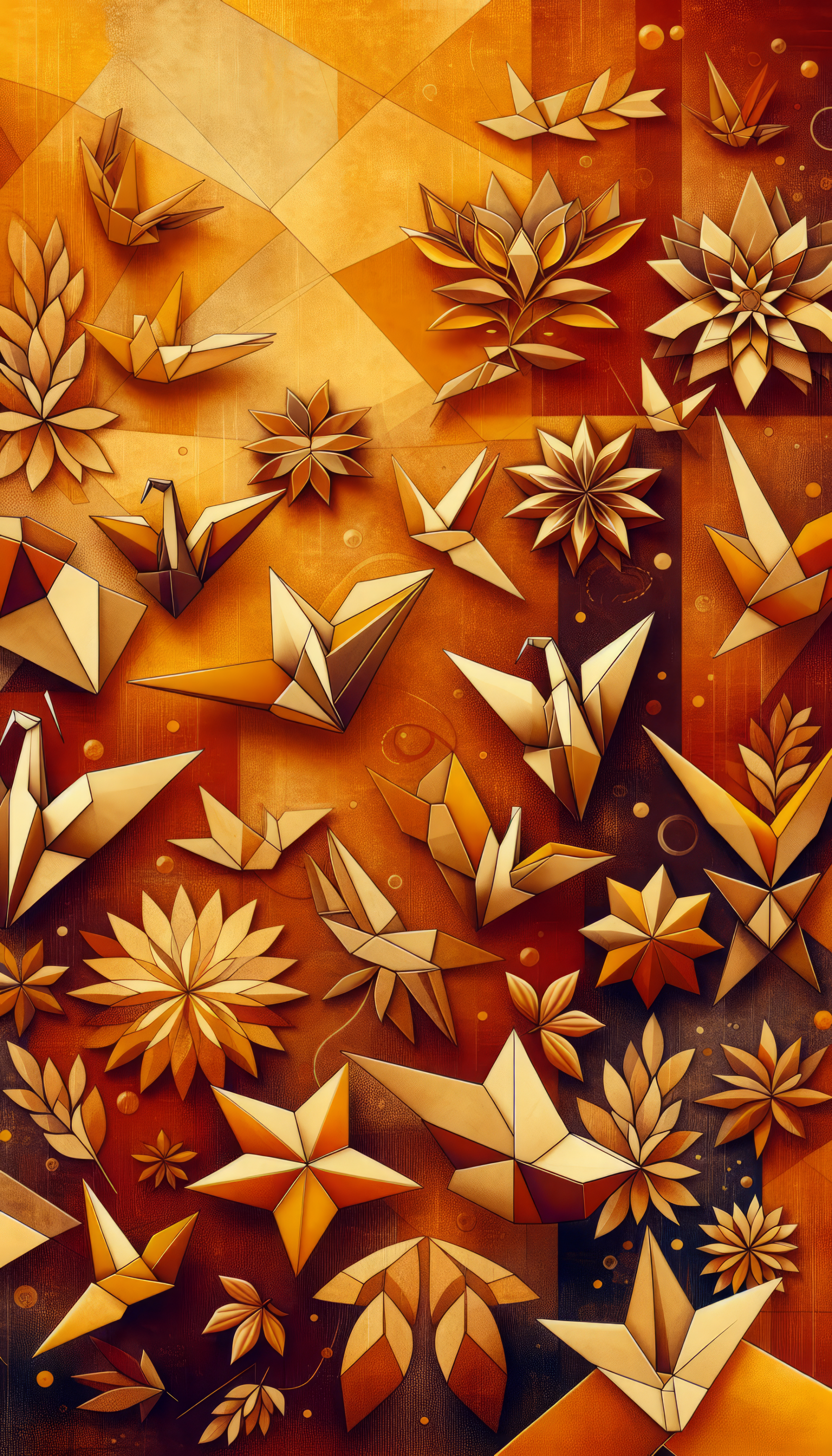 Abstract origami flowers wallpaper for phone with warm autumn colors.