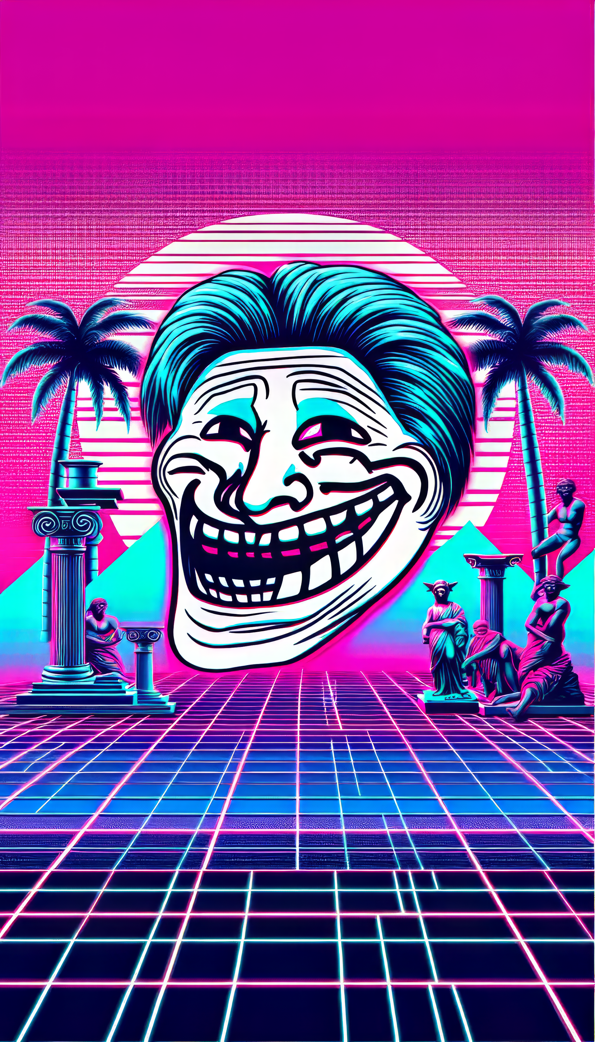 Retro-style phone wallpaper featuring a prominent Troll Face meme with vibrant pink and blue neon grid and palm tree silhouettes.