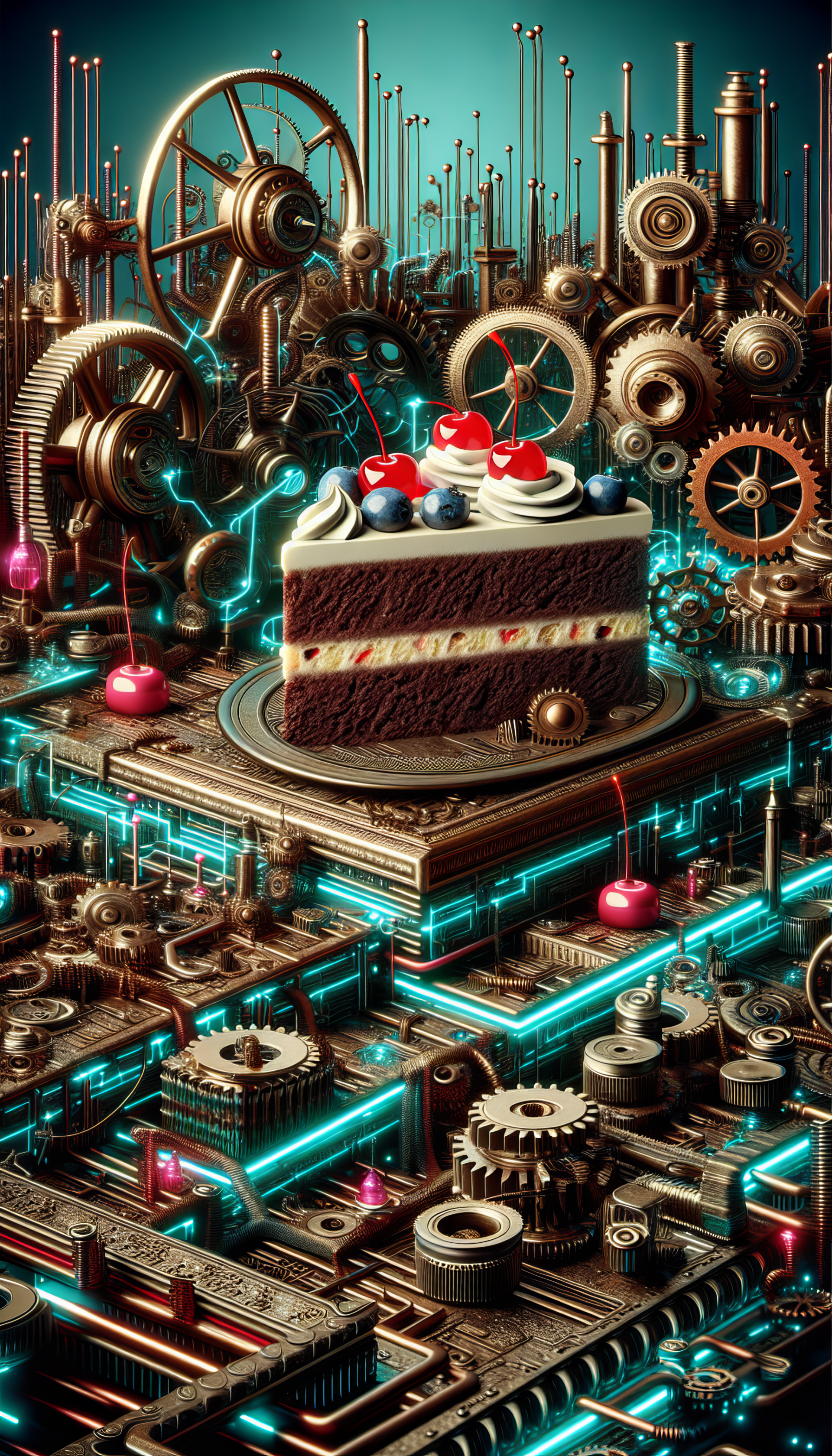 Steampunk-inspired phone wallpaper featuring a detailed black forest cake amidst intricate gears and mechanical parts.