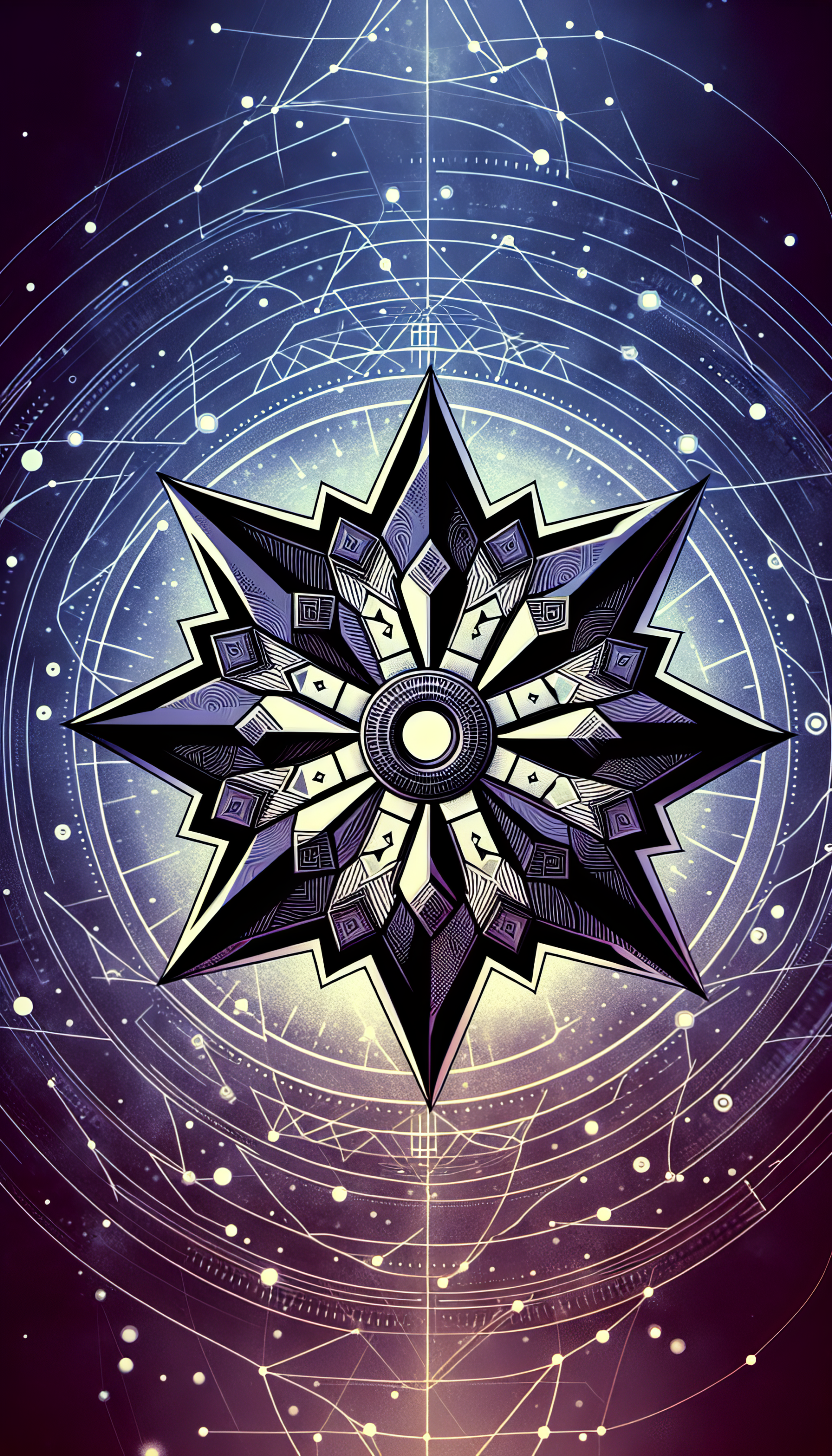 Abstract shuriken design on a cosmic background for a phone wallpaper.
