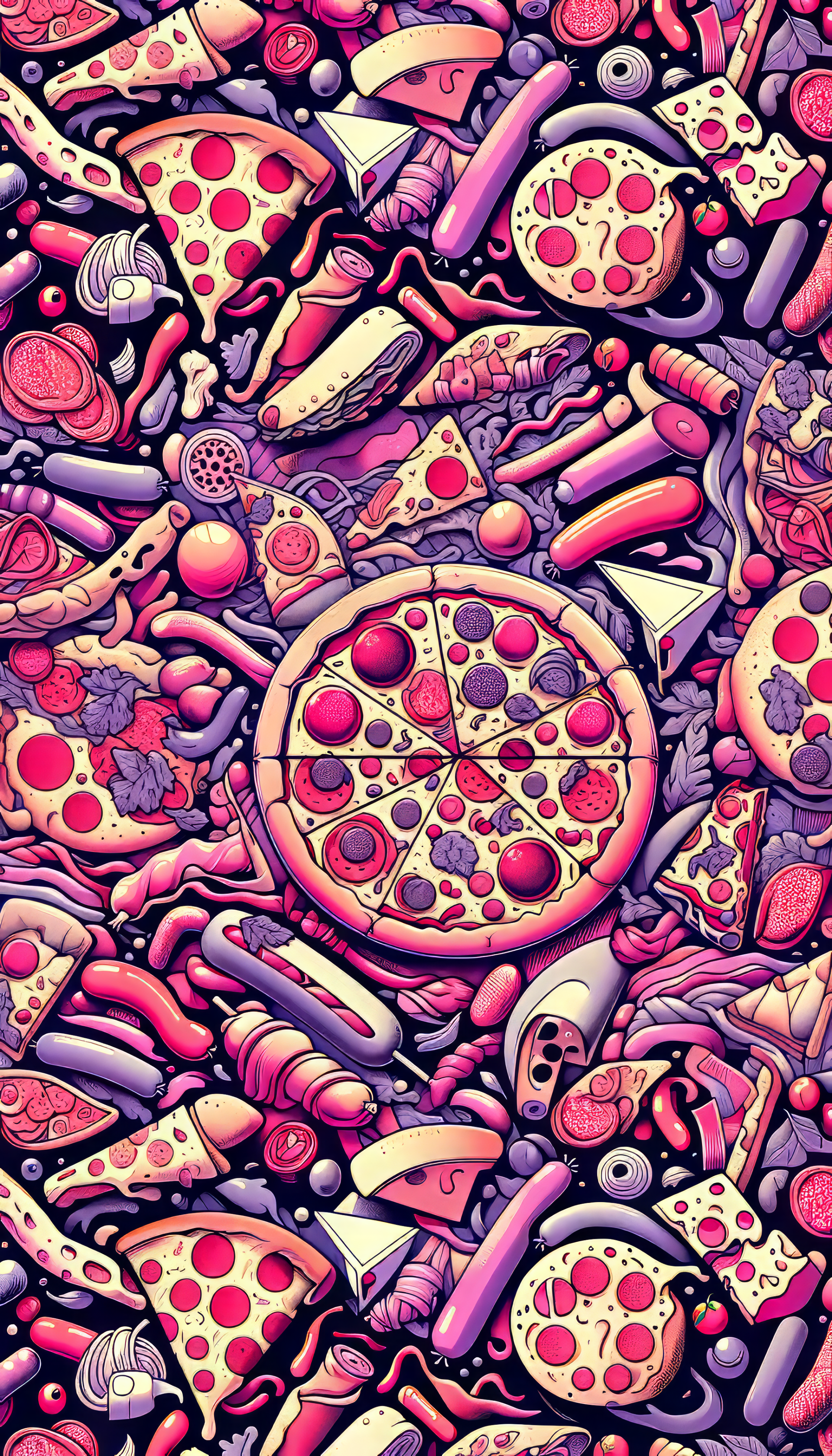 A vibrant and colorful phone wallpaper featuring an assortment of meat lovers pizza, showcasing various delicious toppings and pizza slices in a fun, playful design.