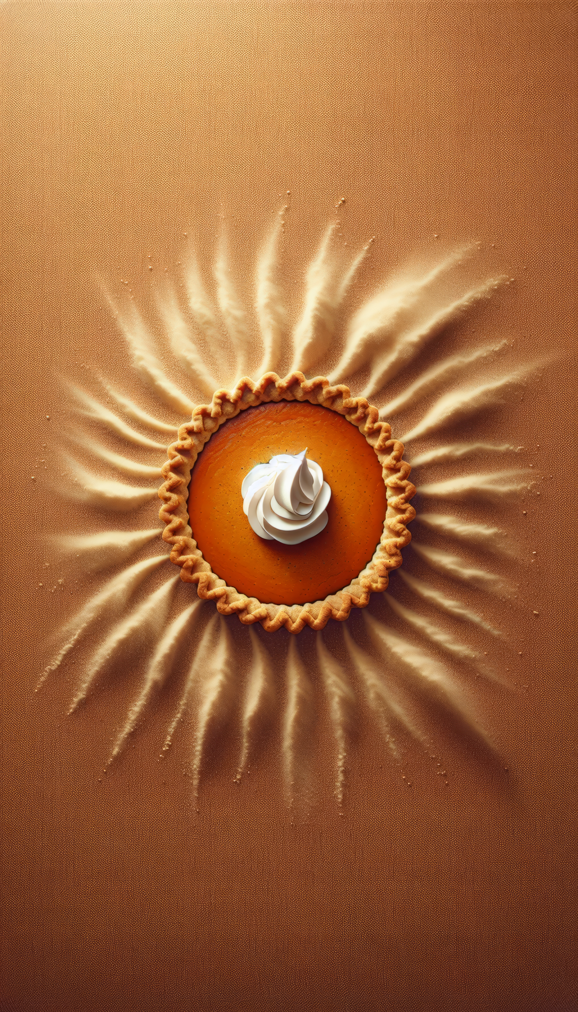 Smartphone wallpaper featuring a delectable pumpkin pie with whipped cream on top, centered on a warm brown background with a sunburst pattern.