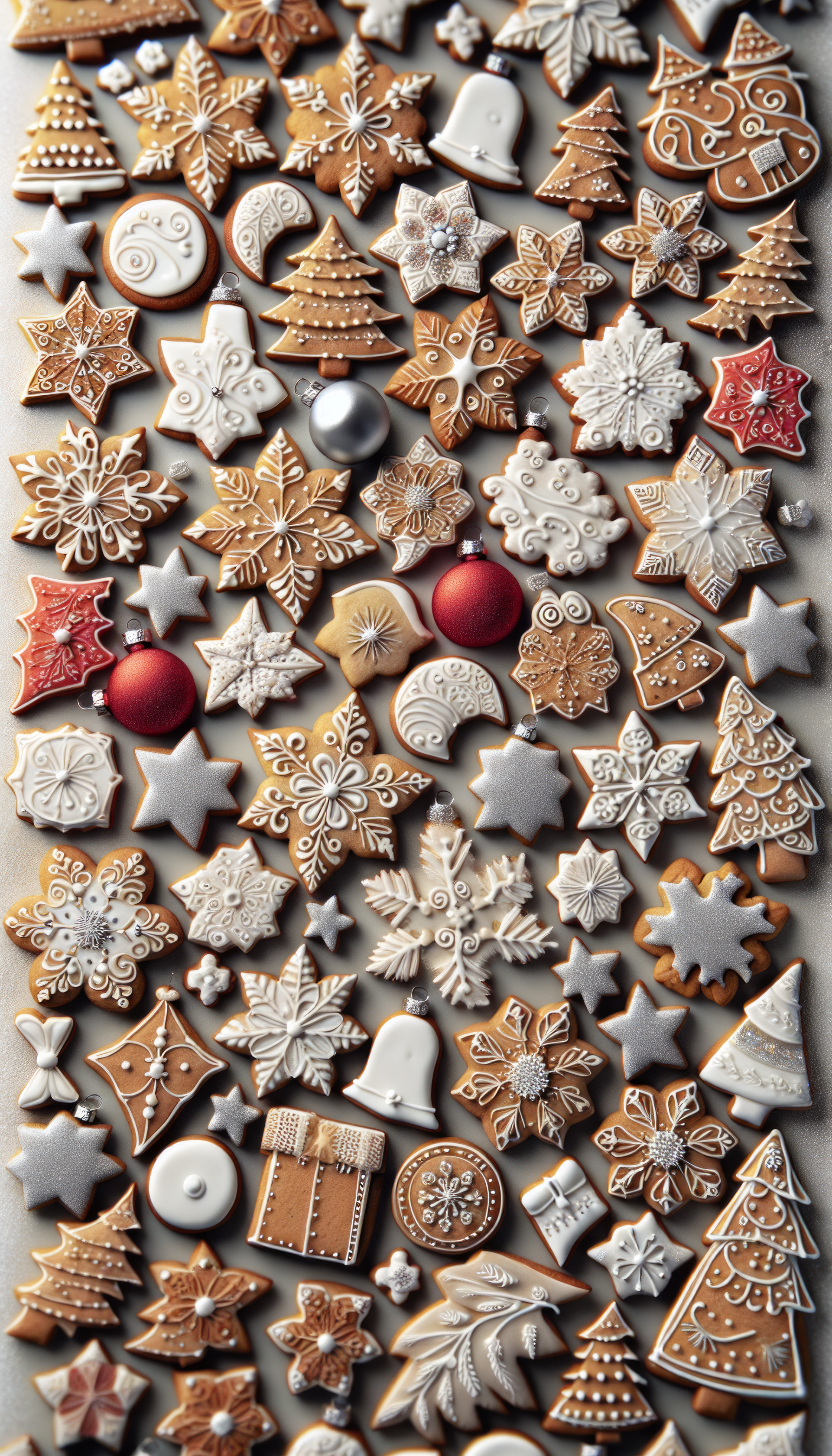 A vibrant phone wallpaper featuring an array of beautifully decorated holiday cookies in shapes like stars, trees, and snowflakes, creating a festive and cozy atmosphere.