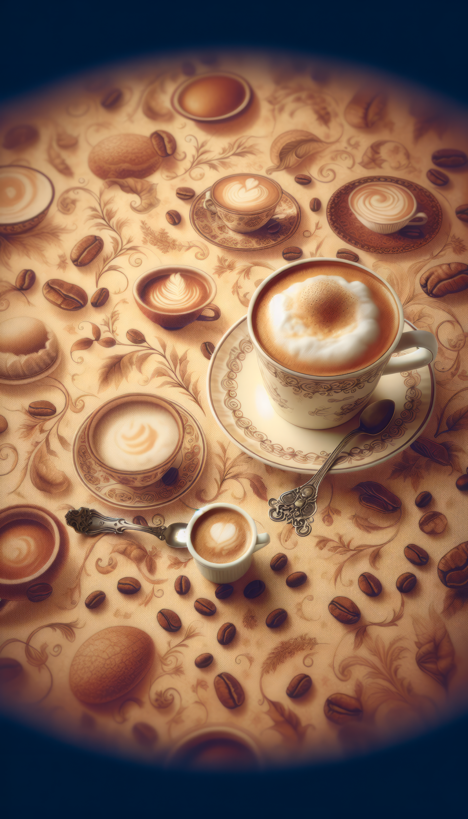A beautifully styled cappuccino takes center stage against a decorative background of smaller coffee cups and coffee beans, creating an inviting phone wallpaper.