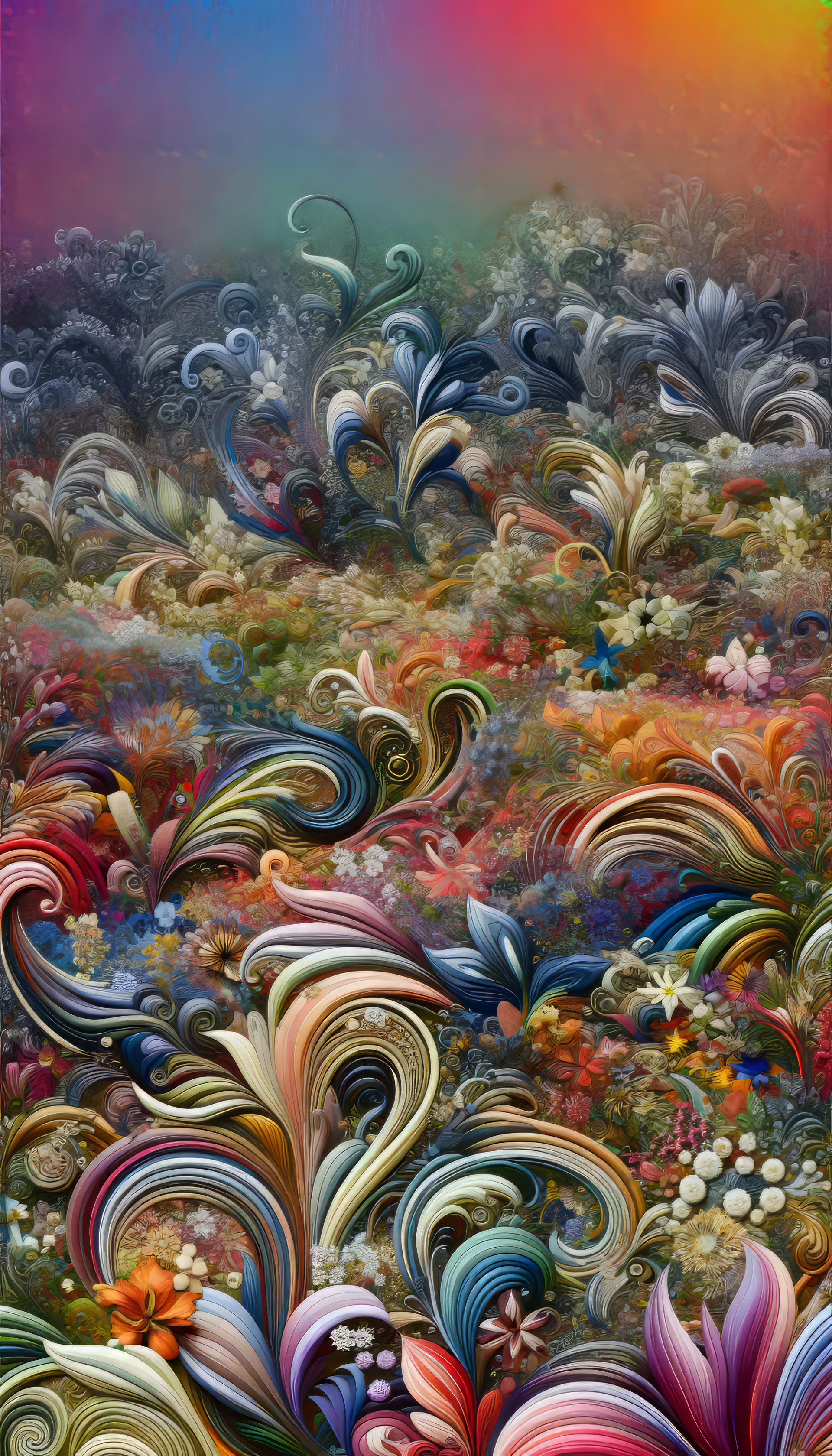 A vibrant field of flowers bursts with colorful swirls and intricate designs, creating a captivating phone wallpaper that adds a touch of nature's beauty to your screen.