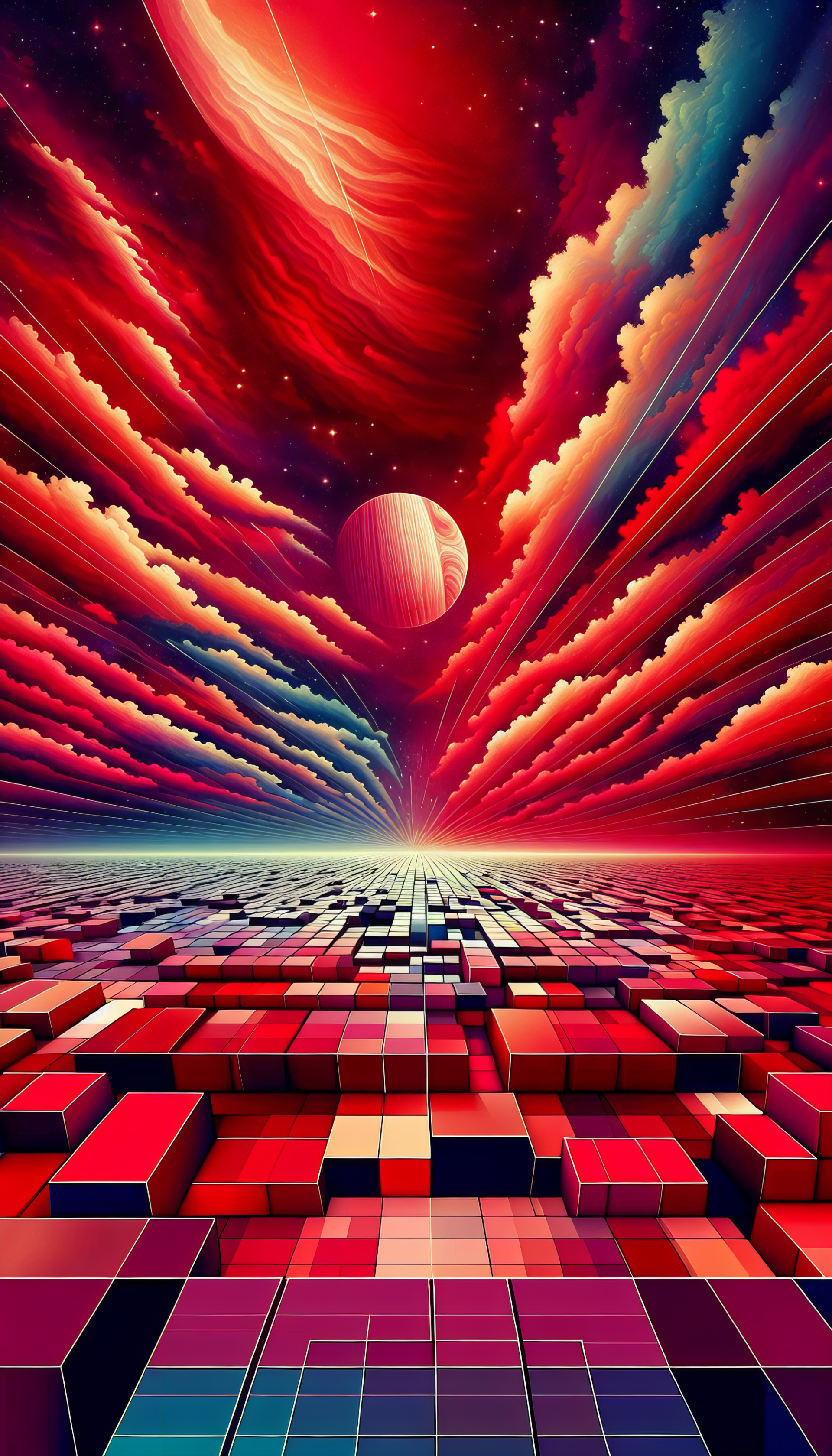 Colorful retro-futuristic phone wallpaper featuring a checkered landscape and a striking sunset with a large planet.