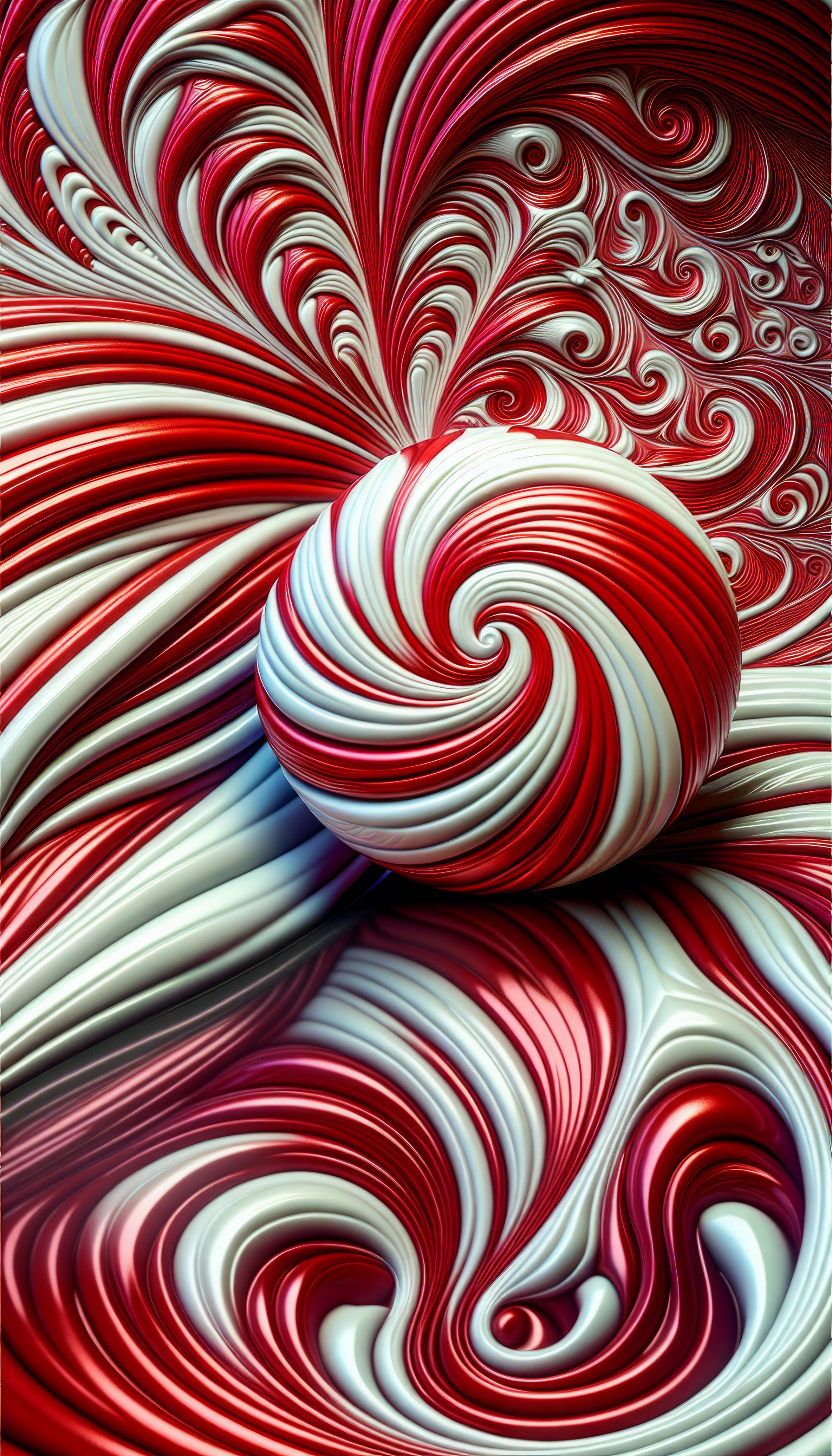 A vibrant phone wallpaper featuring swirling red and white peppermint designs, accented by a central spherical motif, creating a dynamic and festive visual effect.