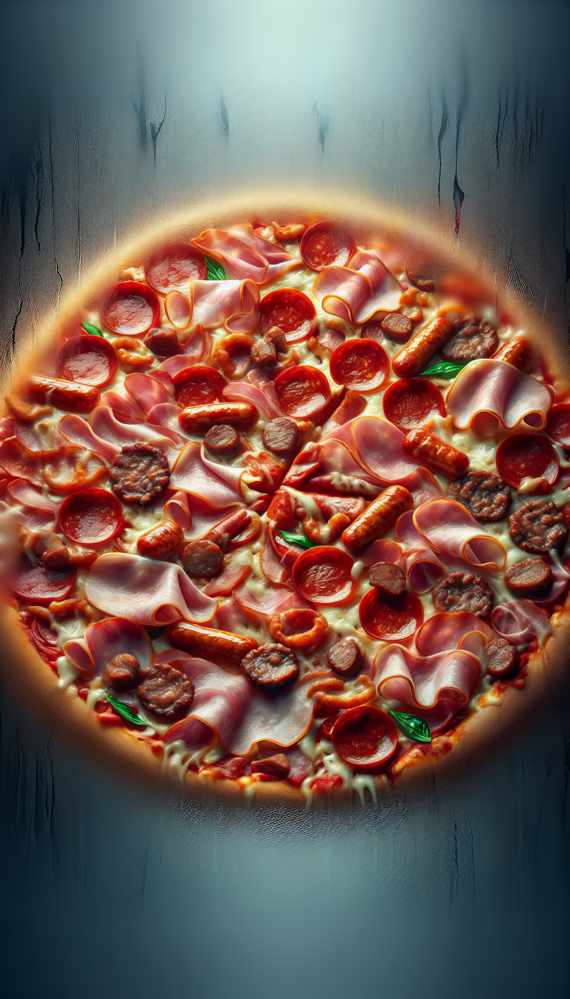 Savory meat lovers pizza wallpaper for phones with toppings of pepperoni, ham, and sausage highlighted in a mouthwatering display.