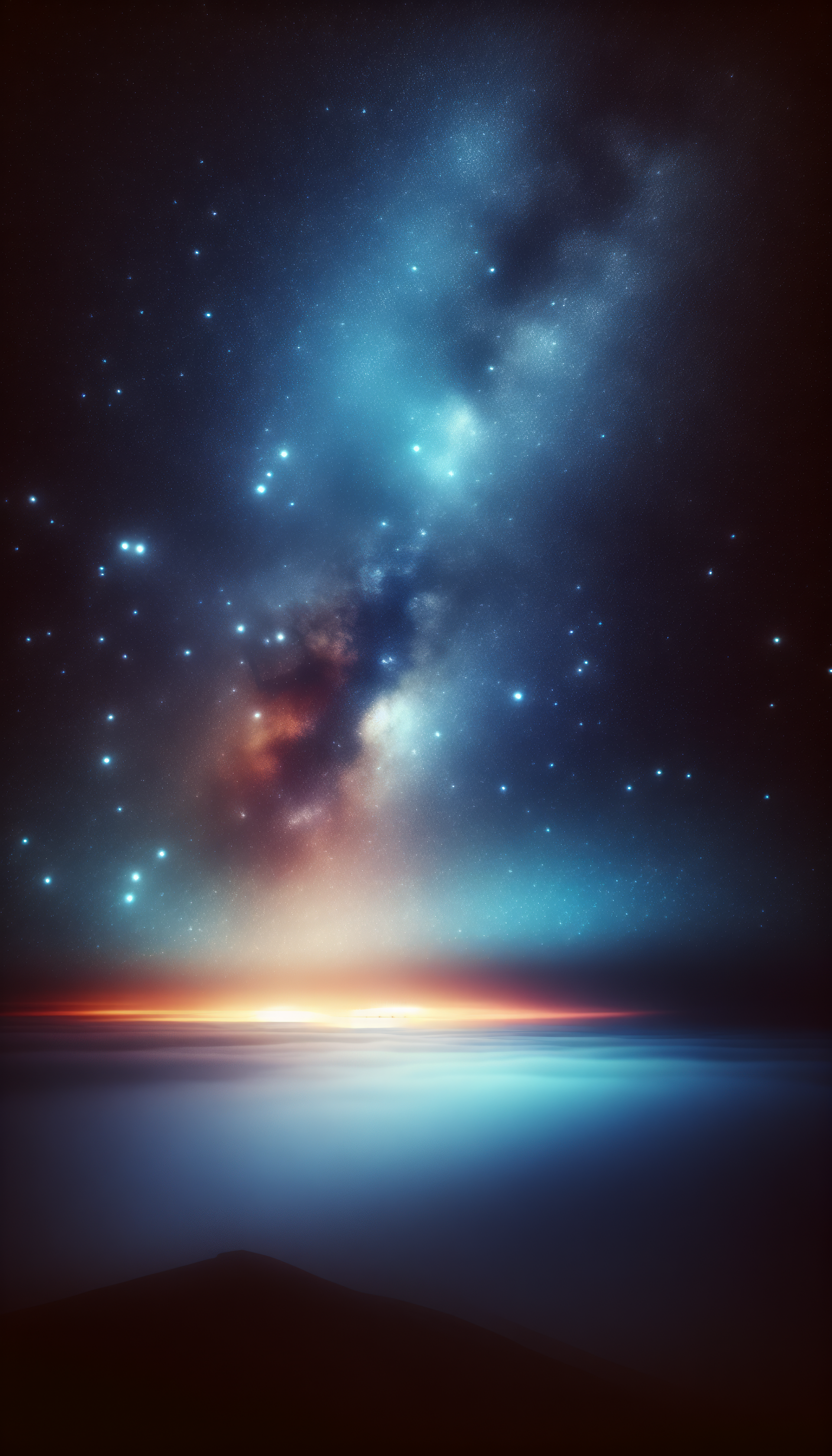 Starry night sky wallpaper with cosmic clouds and horizon glow for phone background.