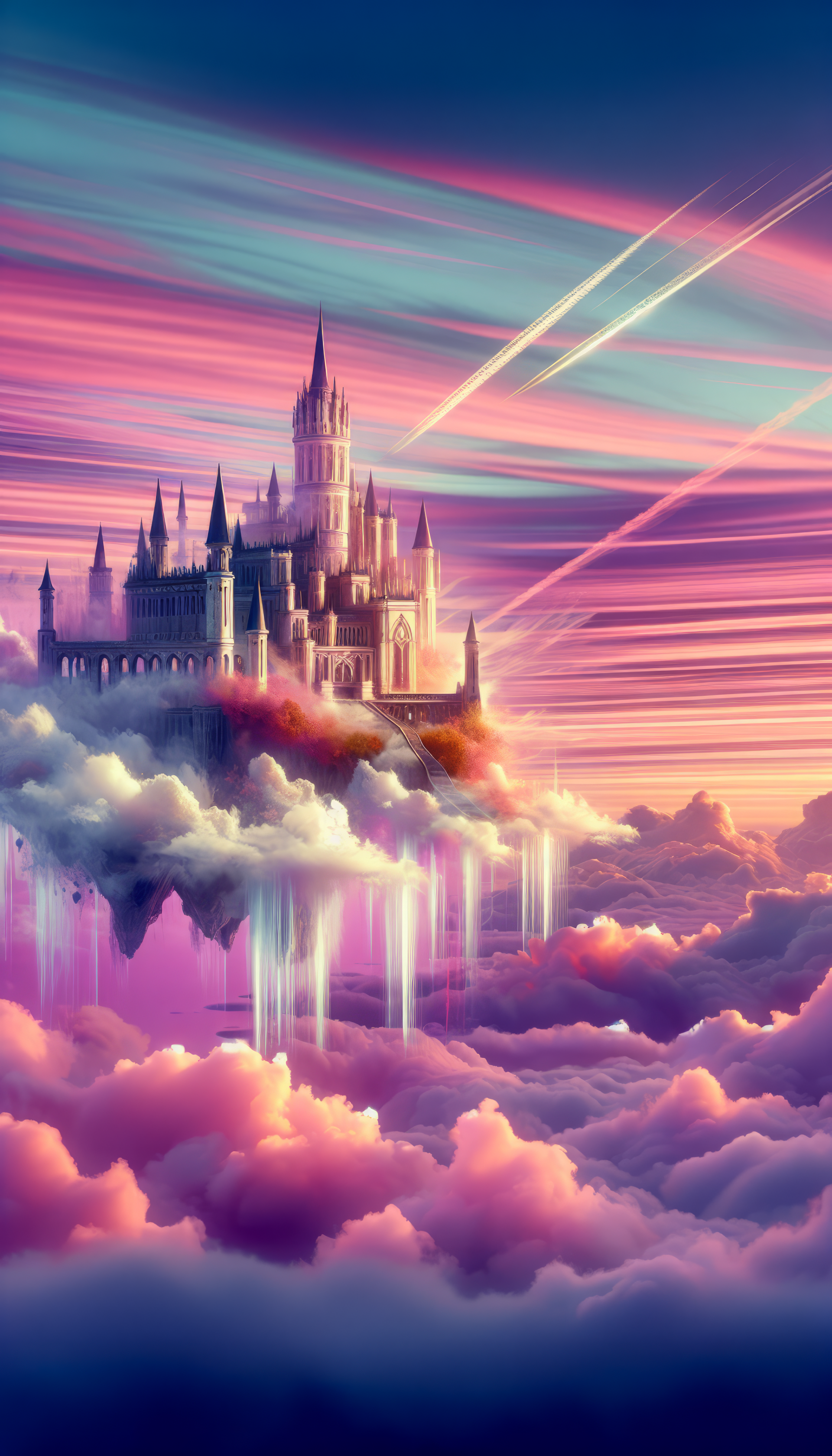 Enchanting flying castle above clouds wallpaper for phone with pink and blue sky streaked with light rays.