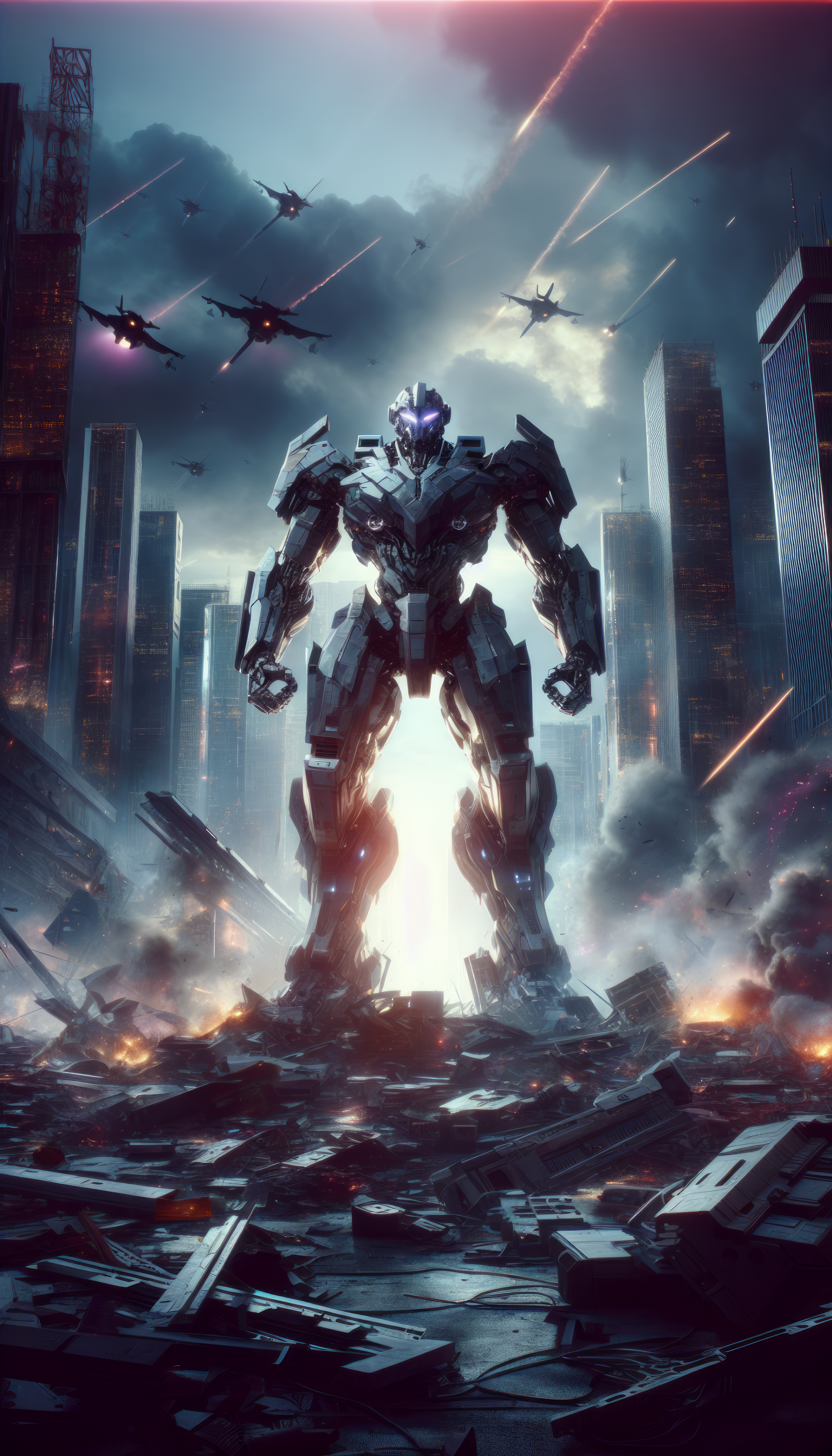 A powerful mecha stands in a devastated cityscape, surrounded by debris and flying drones, illuminated by an intense light, creating a striking phone wallpaper.