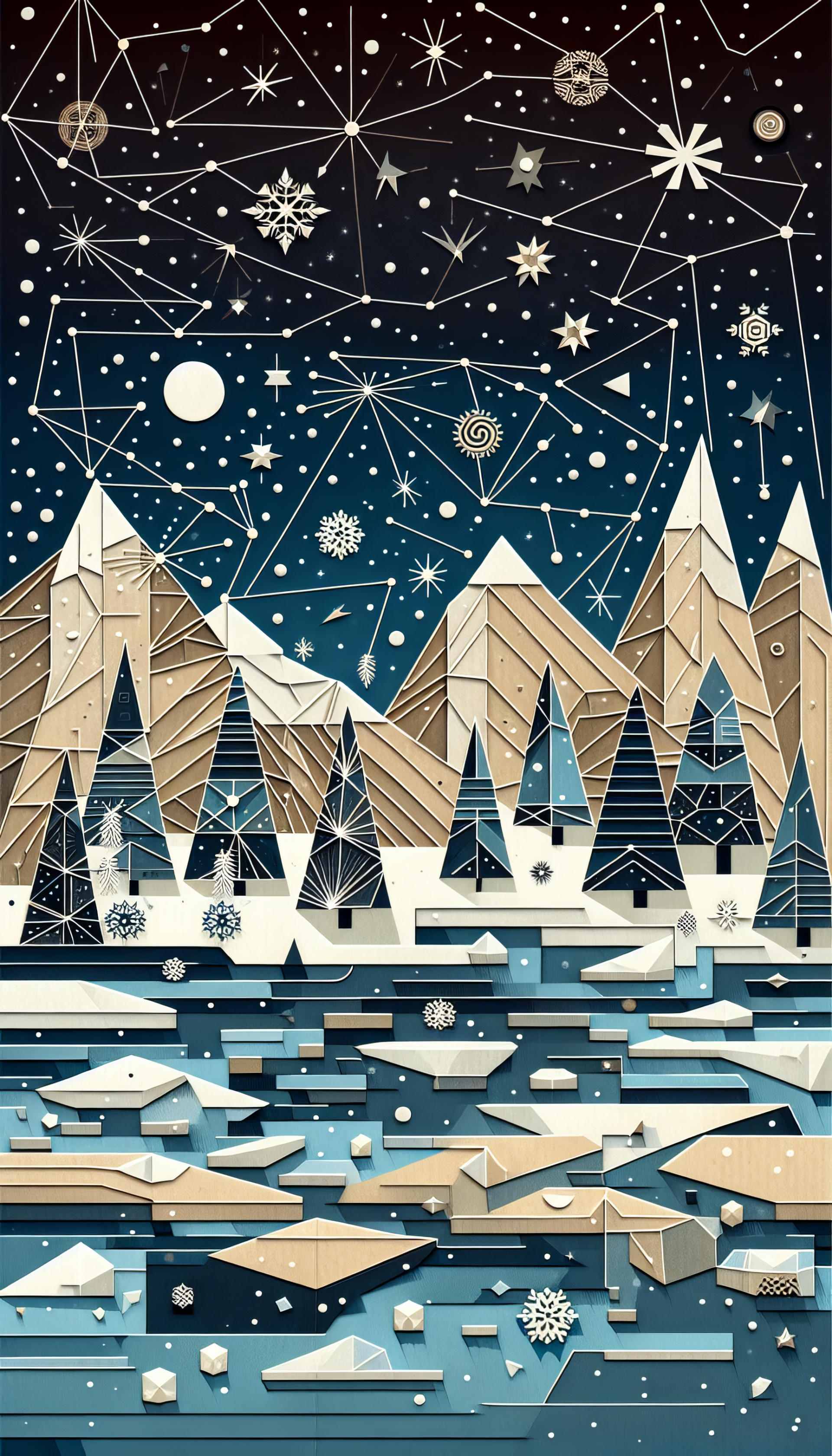 A stylized winter landscape features geometric mountains, trees, and a shimmering water surface under a starry night sky, making a captivating phone wallpaper.