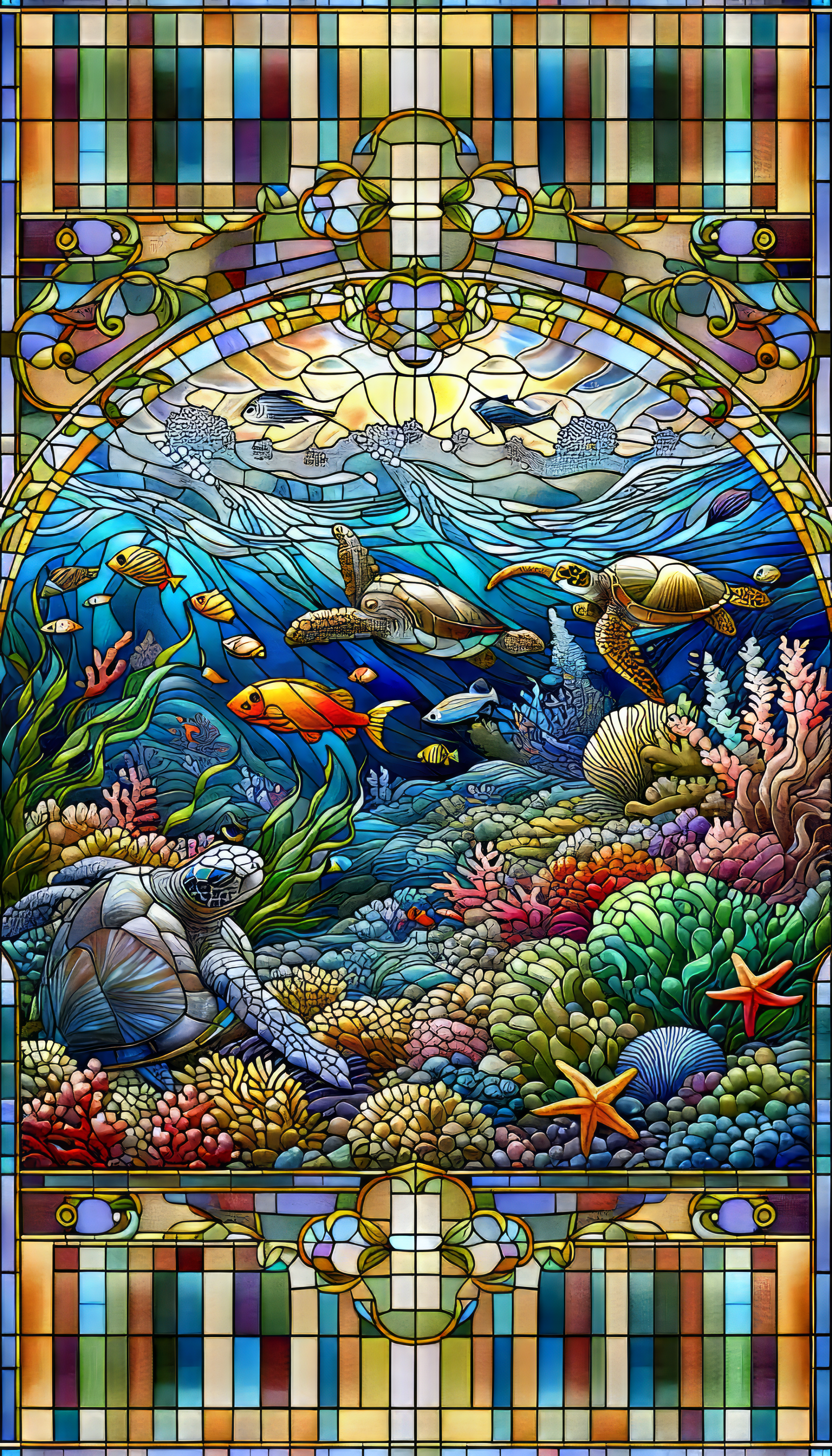 Colorful marine life themed stained-glass style phone wallpaper featuring vibrant coral reef and tropical fish.