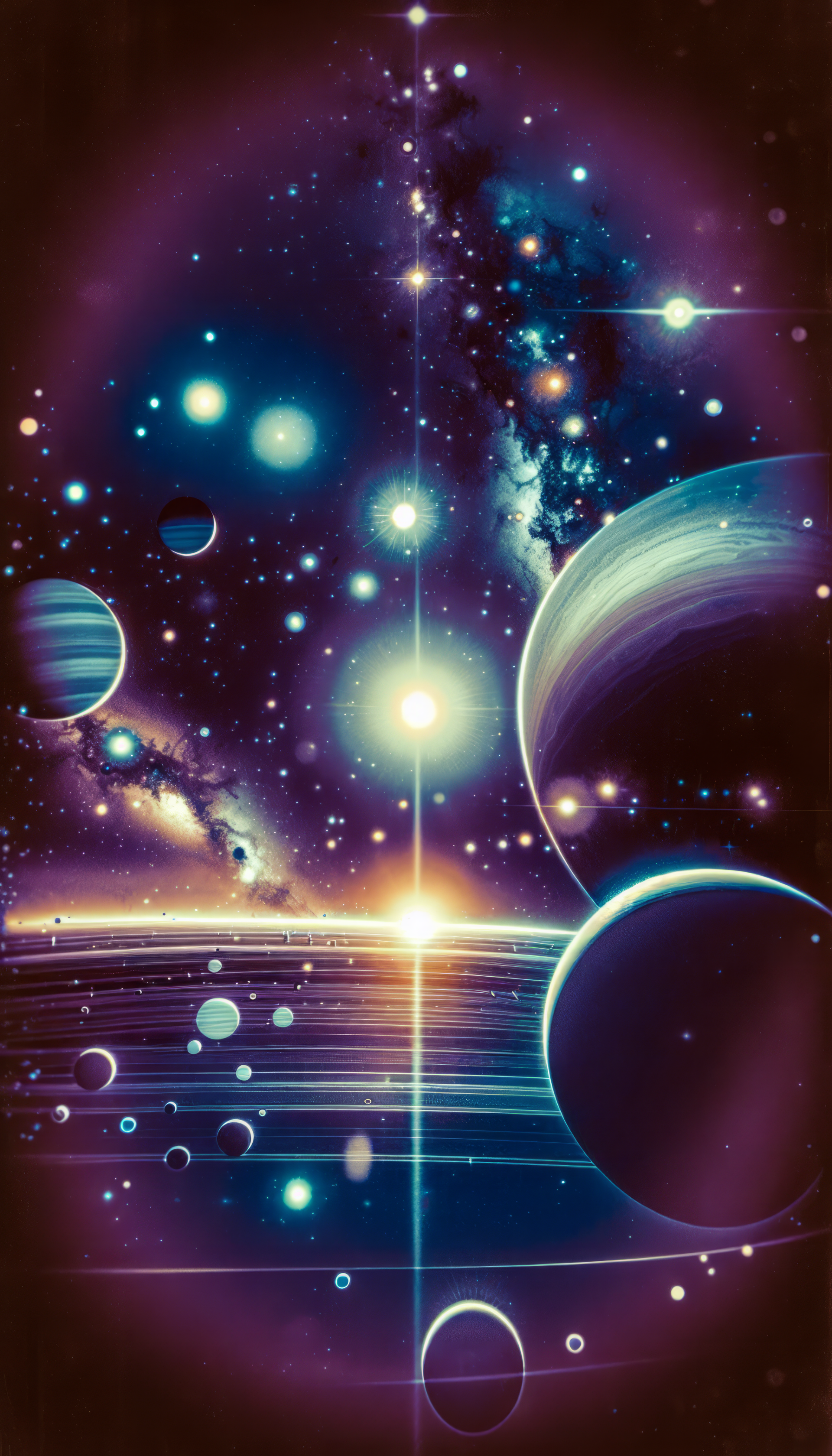 Colorful space-themed wallpaper for phones showcasing planets, stars, and cosmic lights, evoking the spirit of space travel.