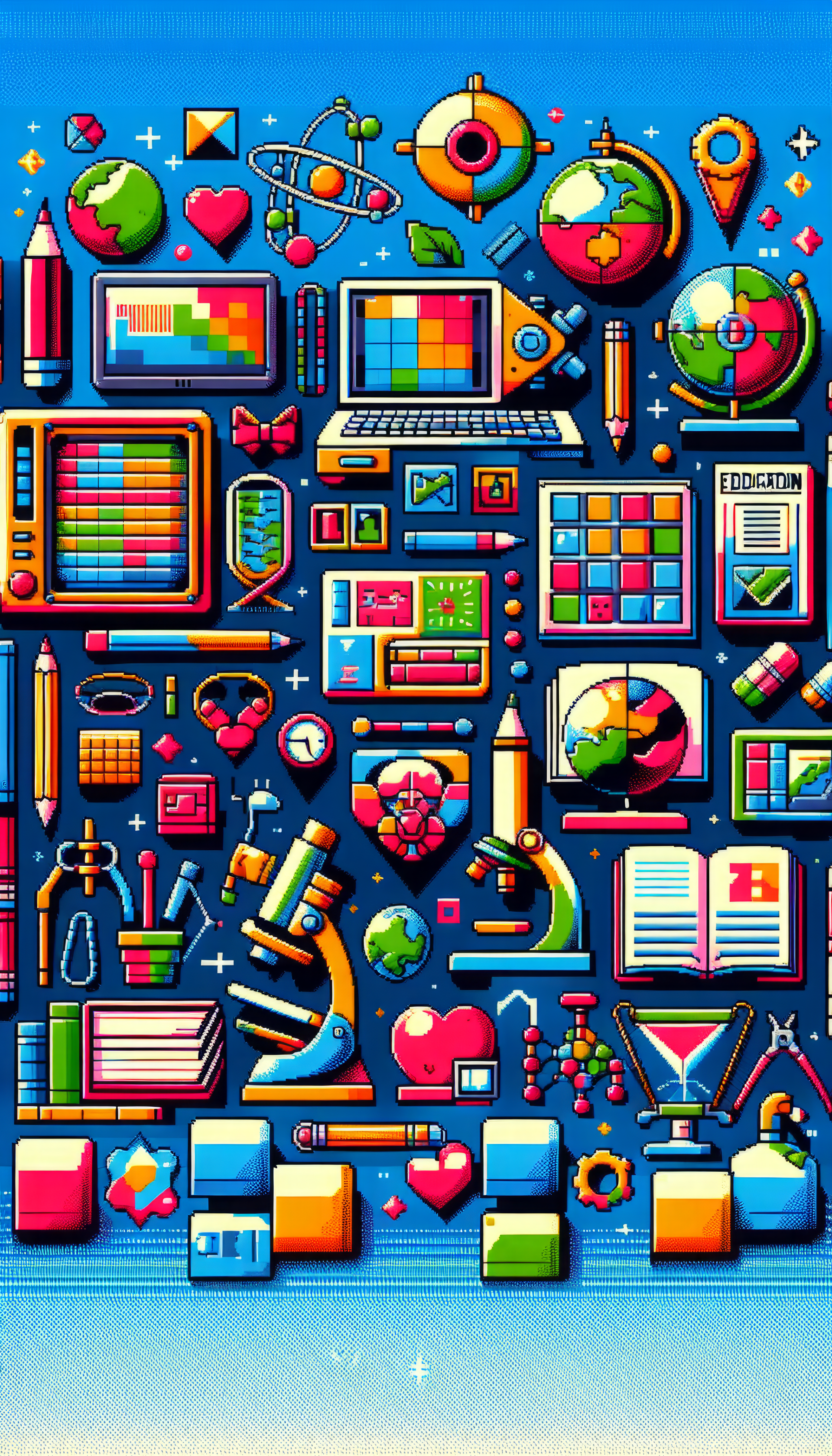 Educational themed phone wallpaper featuring colorful icons of books, computers, and school supplies on a blue background.