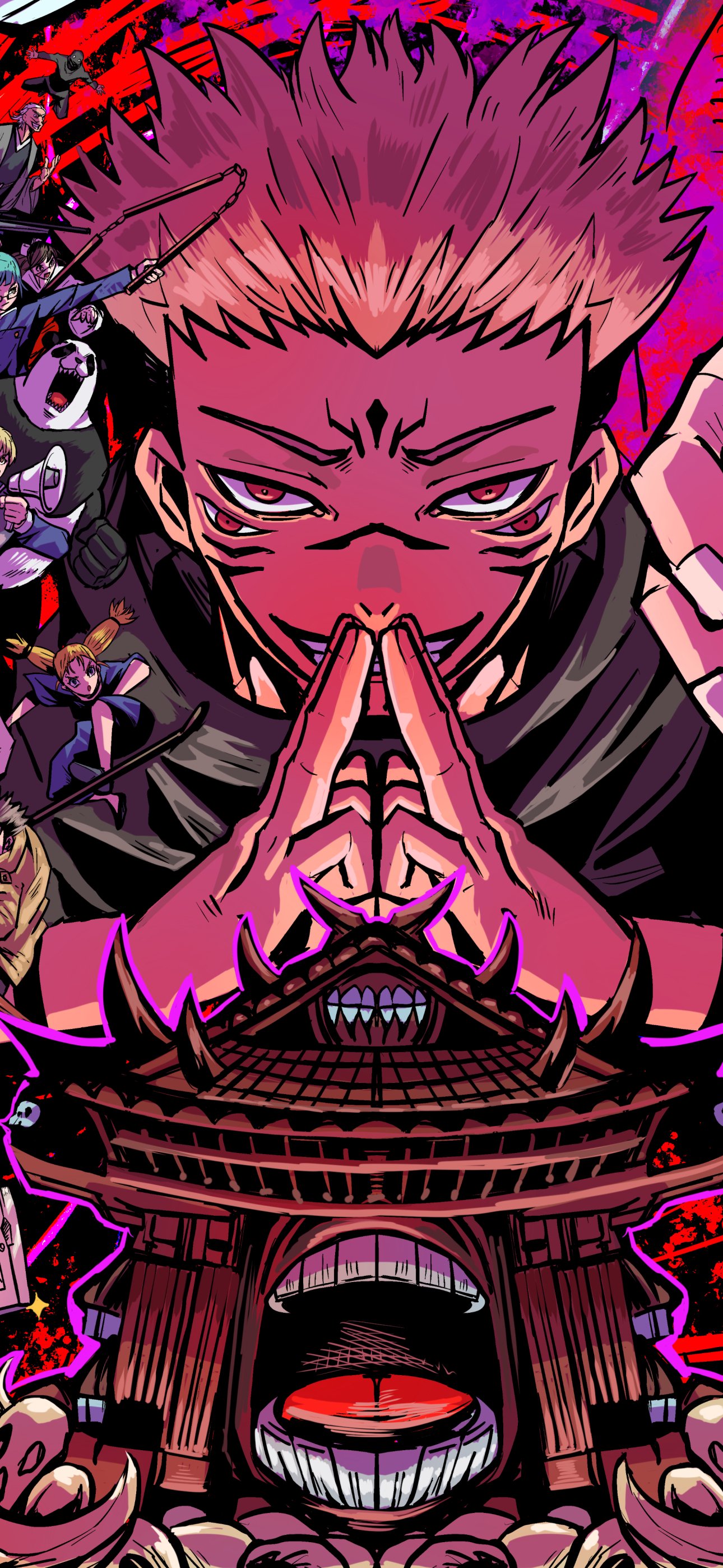 Phone wallpaper featuring Sukuna from Jujutsu Kaisen with vibrant red and purple tones, designed for display on both iPhone and Android devices.