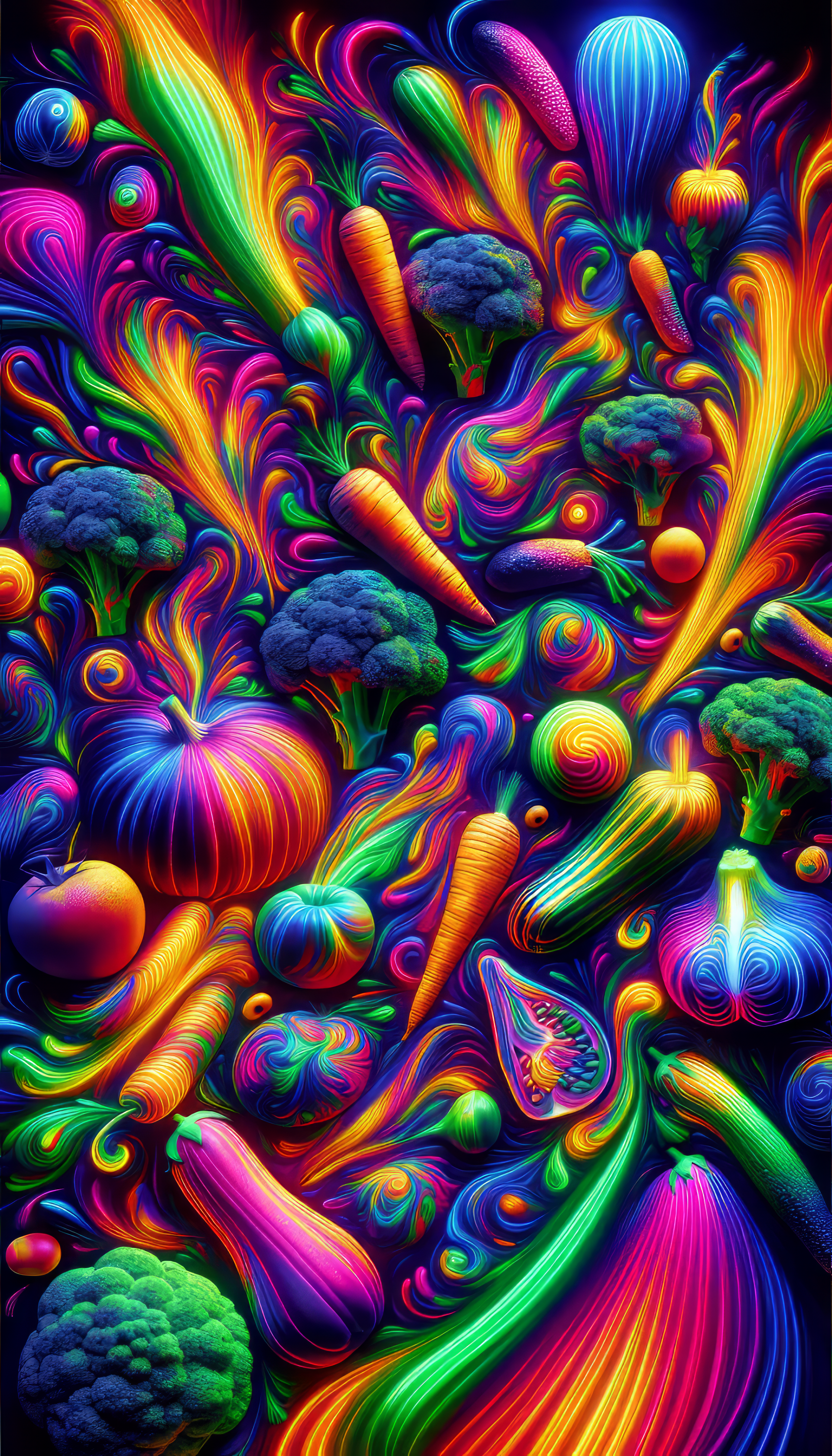 Colorful abstract vegetable-themed phone wallpaper with vibrant swirling patterns.