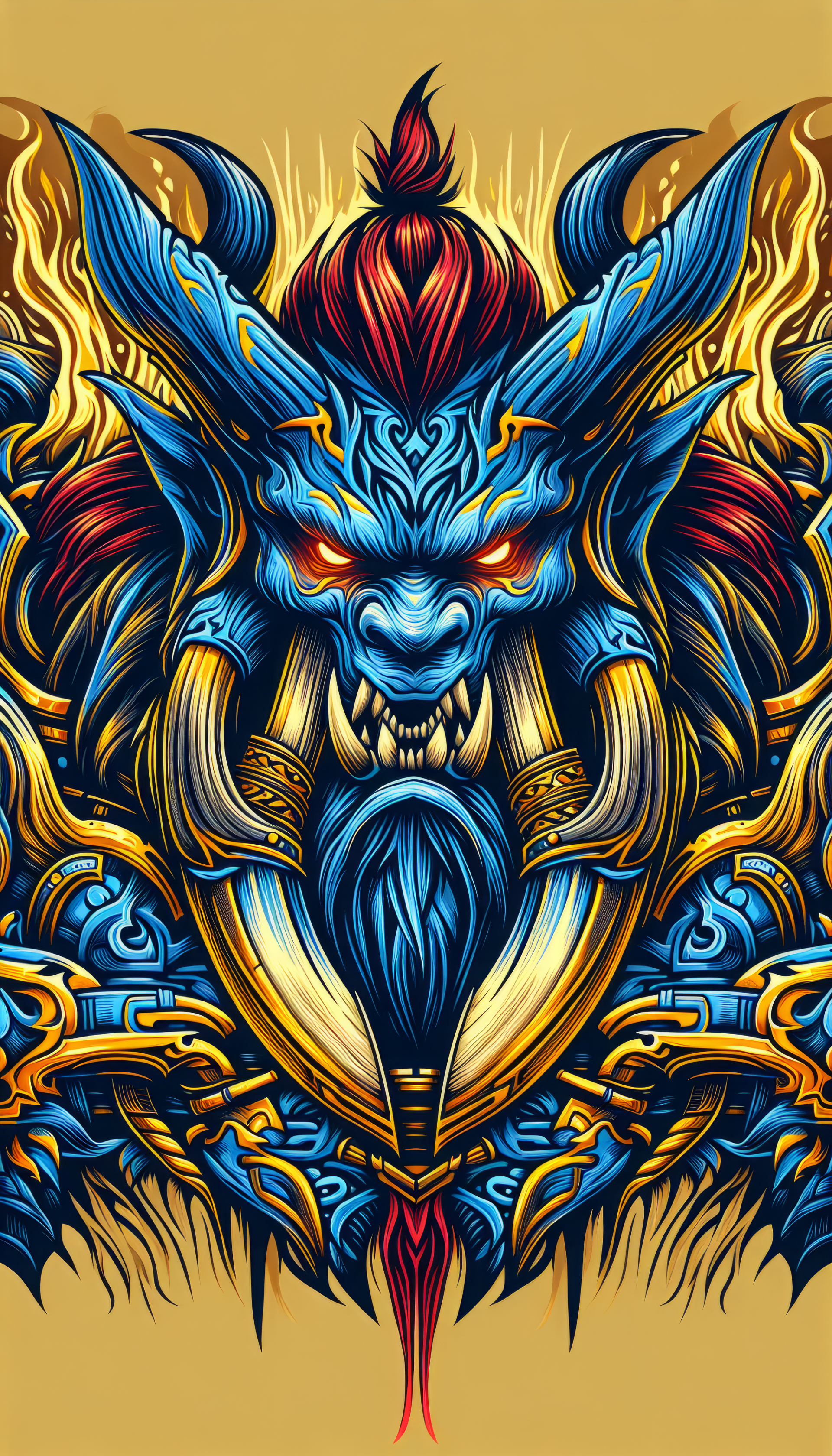 Illustration of Ganon from The Legend of Zelda series, designed as a vibrant, intricate phone wallpaper with golden and blue motifs.