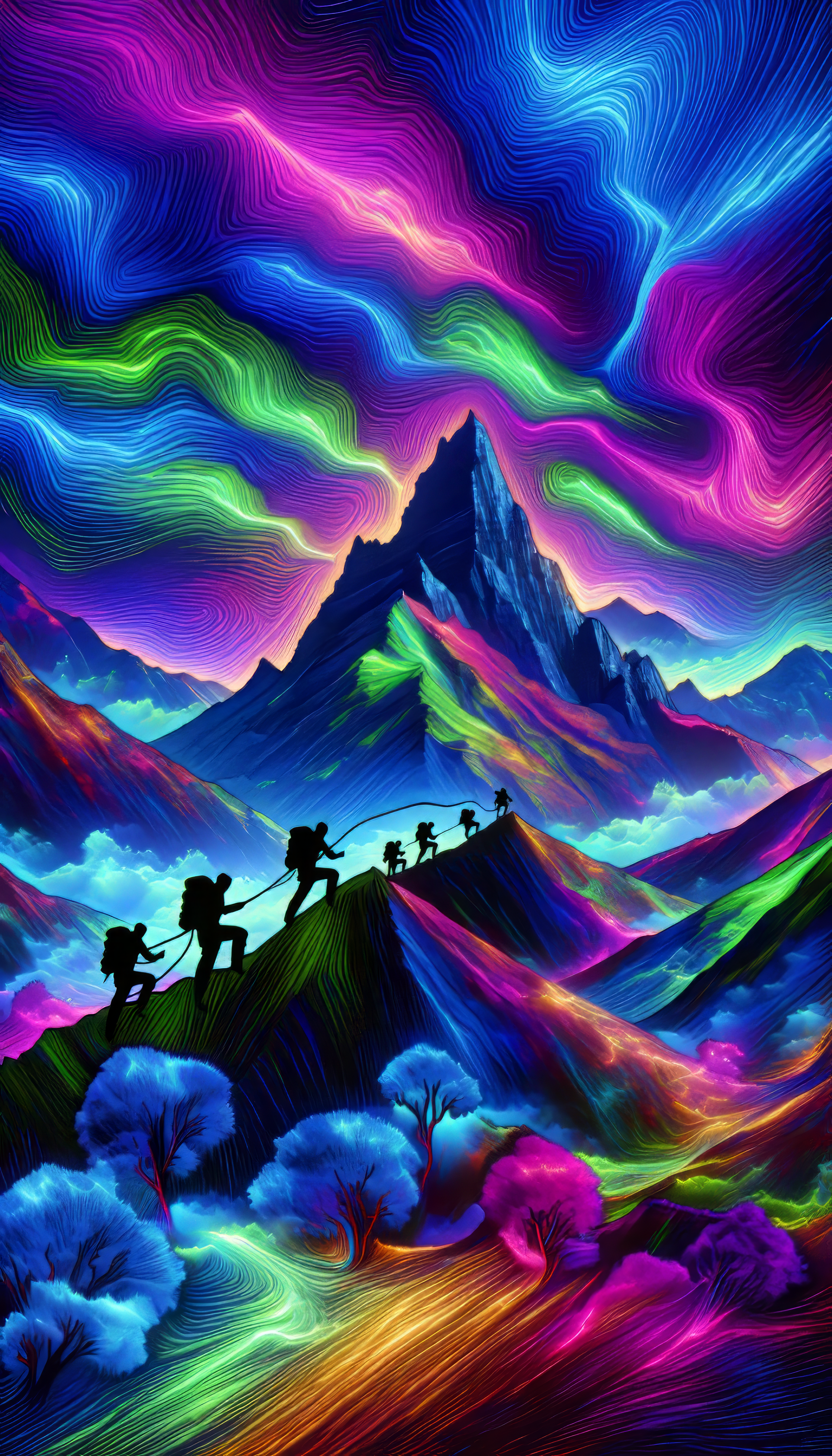 Colorful abstract mountain climbing wallpaper with neon waves and silhouettes of climbers.