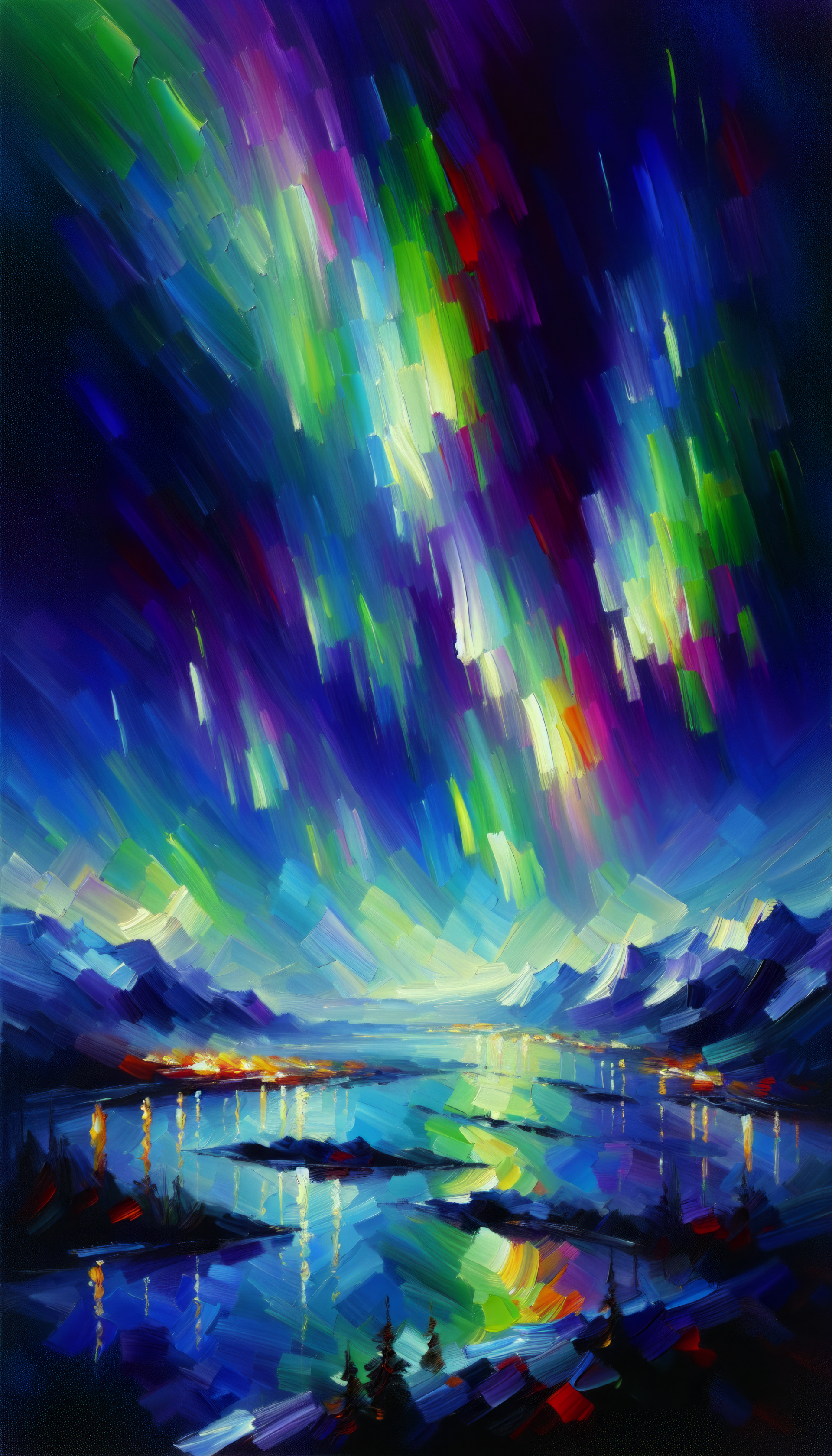 Colorful aurora borealis over a mountain lake phone wallpaper.