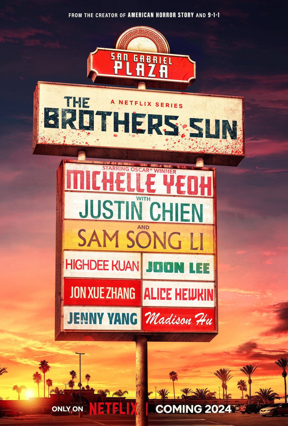 The Brothers Sun TV show promotional phone wallpaper featuring a vintage sign with cast names Michelle Yeoh, Justin Chien, and others against a sunset sky, announcing its release on Netflix in 2024.