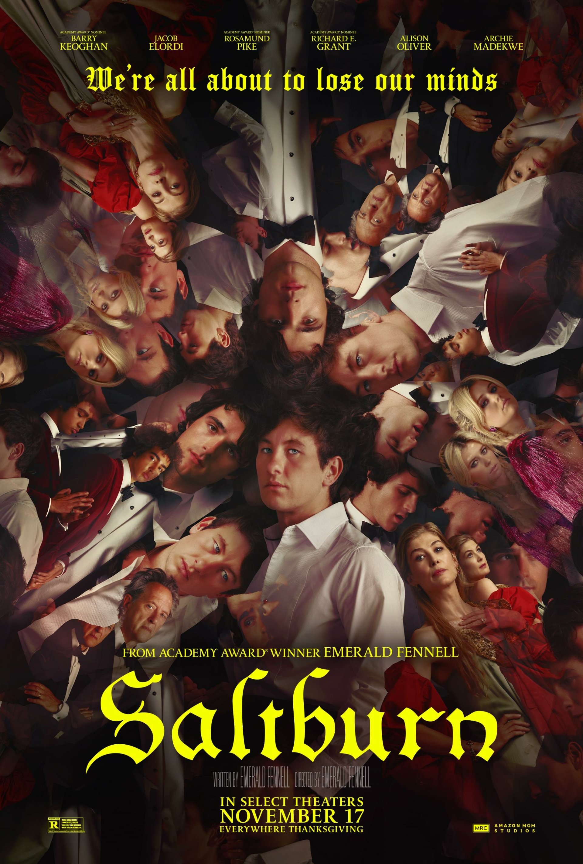 Movie poster for Saltburn (2023) featuring a crowd of people with a man at the center looking upwards, with the tagline We're all about to lose our minds – designed for a phone wallpaper.