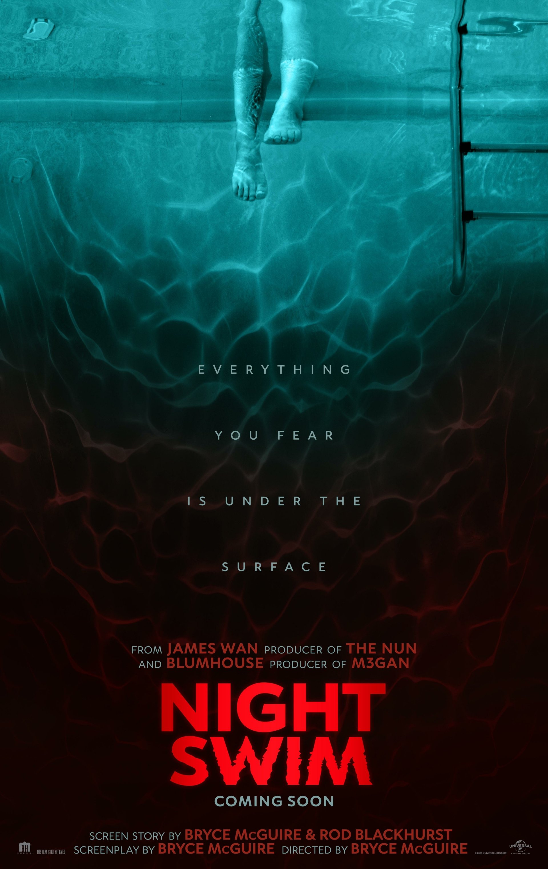 Phone wallpaper of the 'Night Swim' movie poster featuring a suspenseful underwater view and ominous tagline, hinting at a thrilling plot.