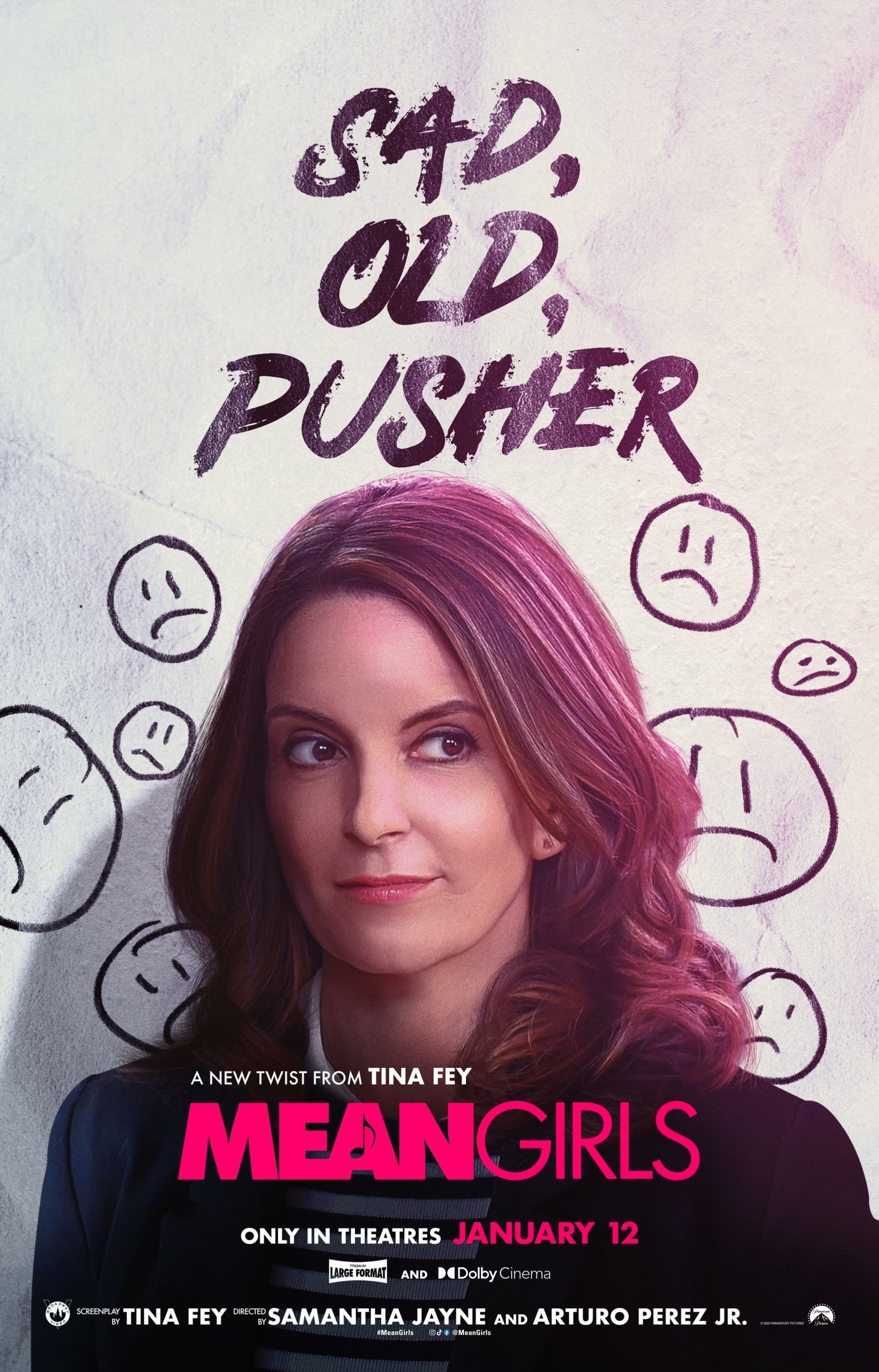 Mean Girls 2024 movie poster with tagline 'Sad, Old Pusher' as smartphone wallpaper.