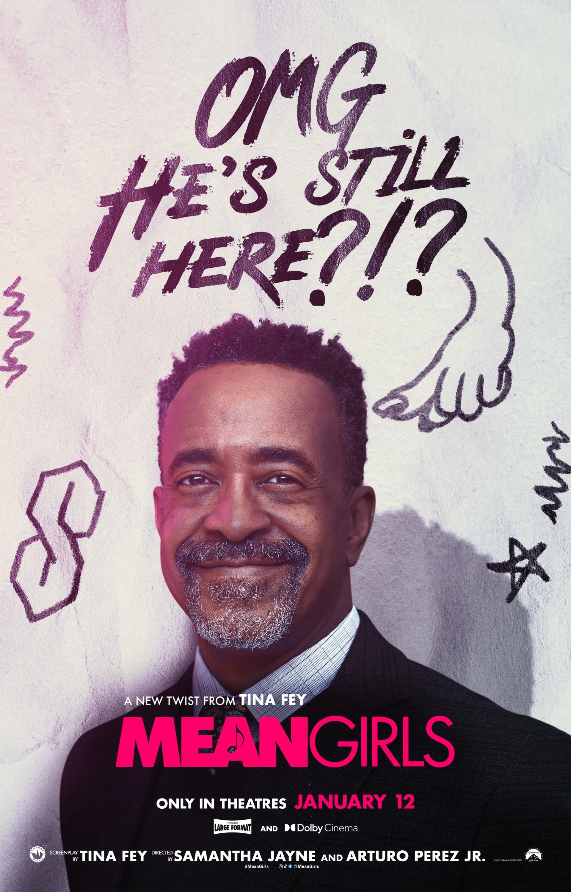 Mean Girls 2024 movie promotional wallpaper featuring the text 'OMG HE'S STILL HERE?!' with an illustration and a smiling man's portrait, signaling a comedic tone for the upcoming film.