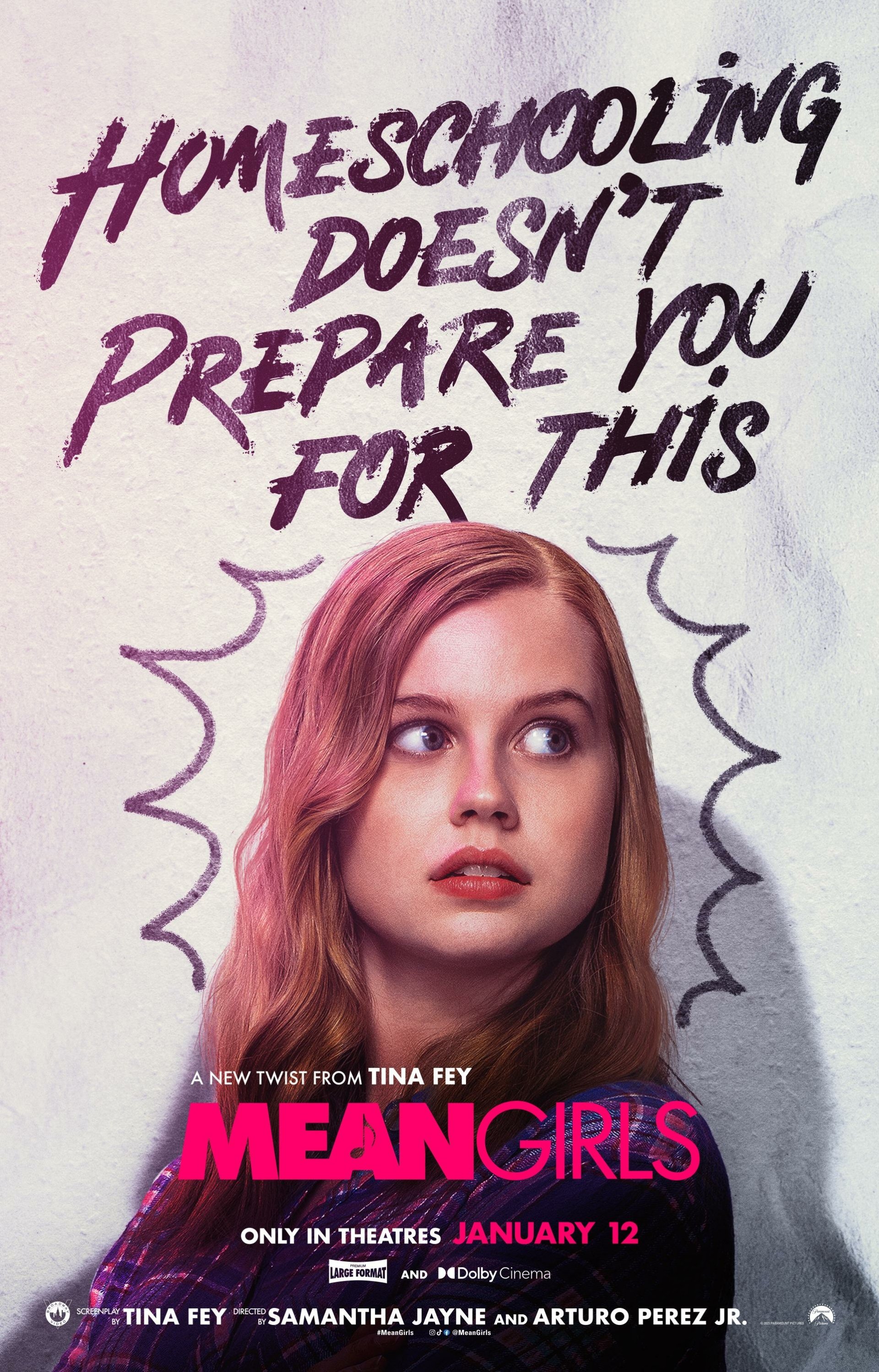 Mean Girls 2024 movie wallpaper featuring a young woman with text 'Homeschooling doesn't prepare you for this.'