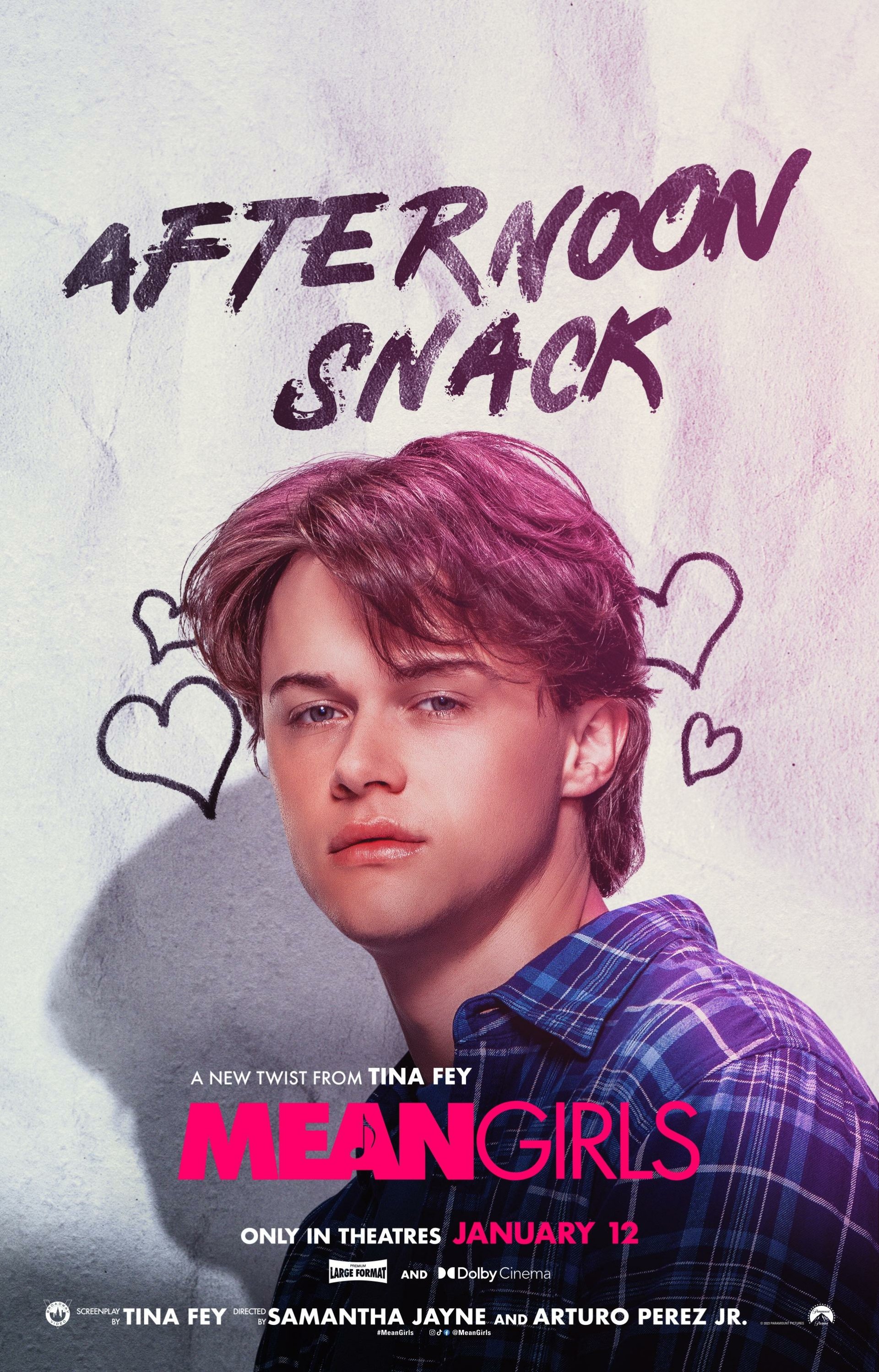 Alt Text: Mean Girls 2024 movie promotional phone wallpaper featuring a stylish young actor with the text 'Afternoon Snack' and floating hearts, teasing the film's release in theaters on January 12.