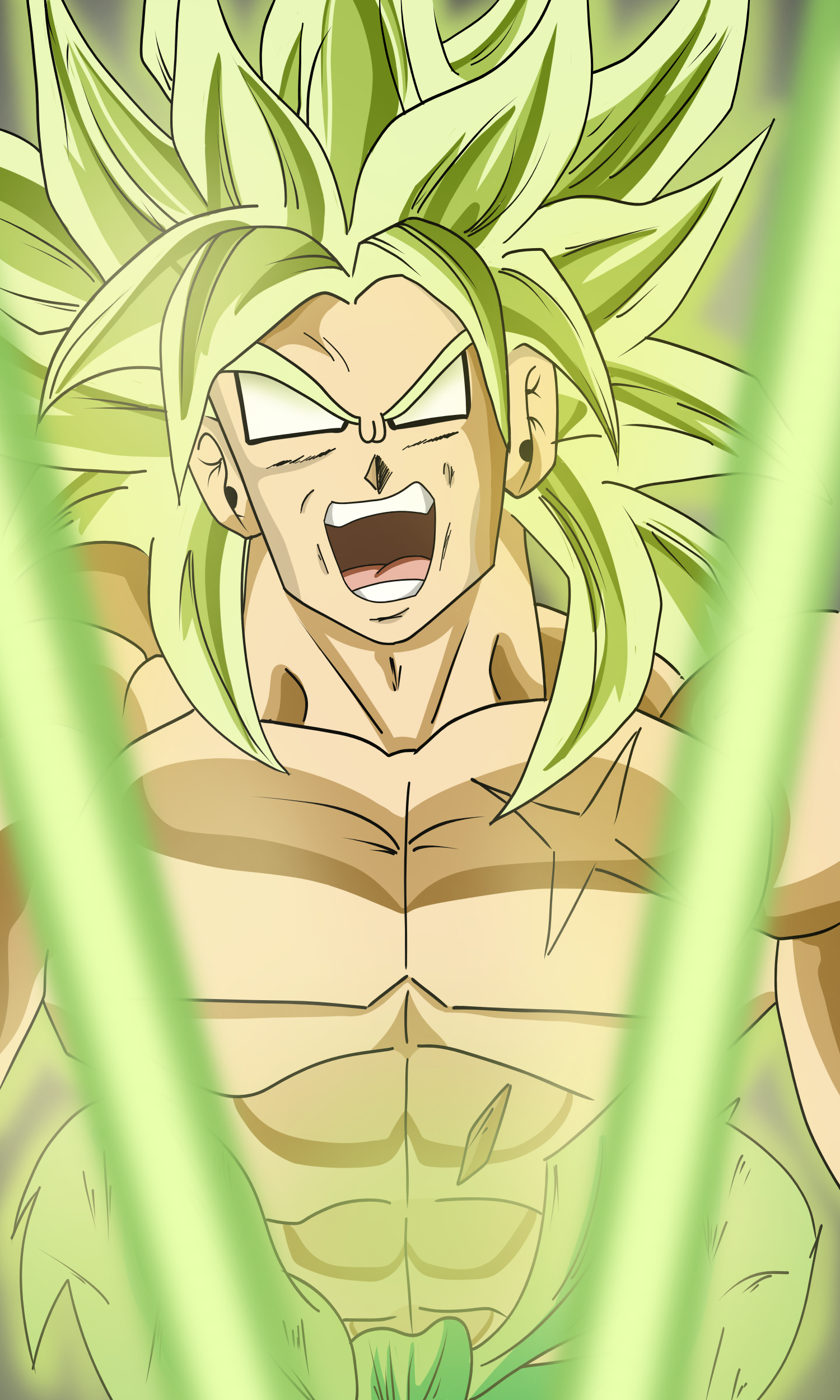 Phone wallpaper drawing of a fierce Dragon Ball manga character with glowing green hair and intense energy, designed to fit iPhone and Android screens.