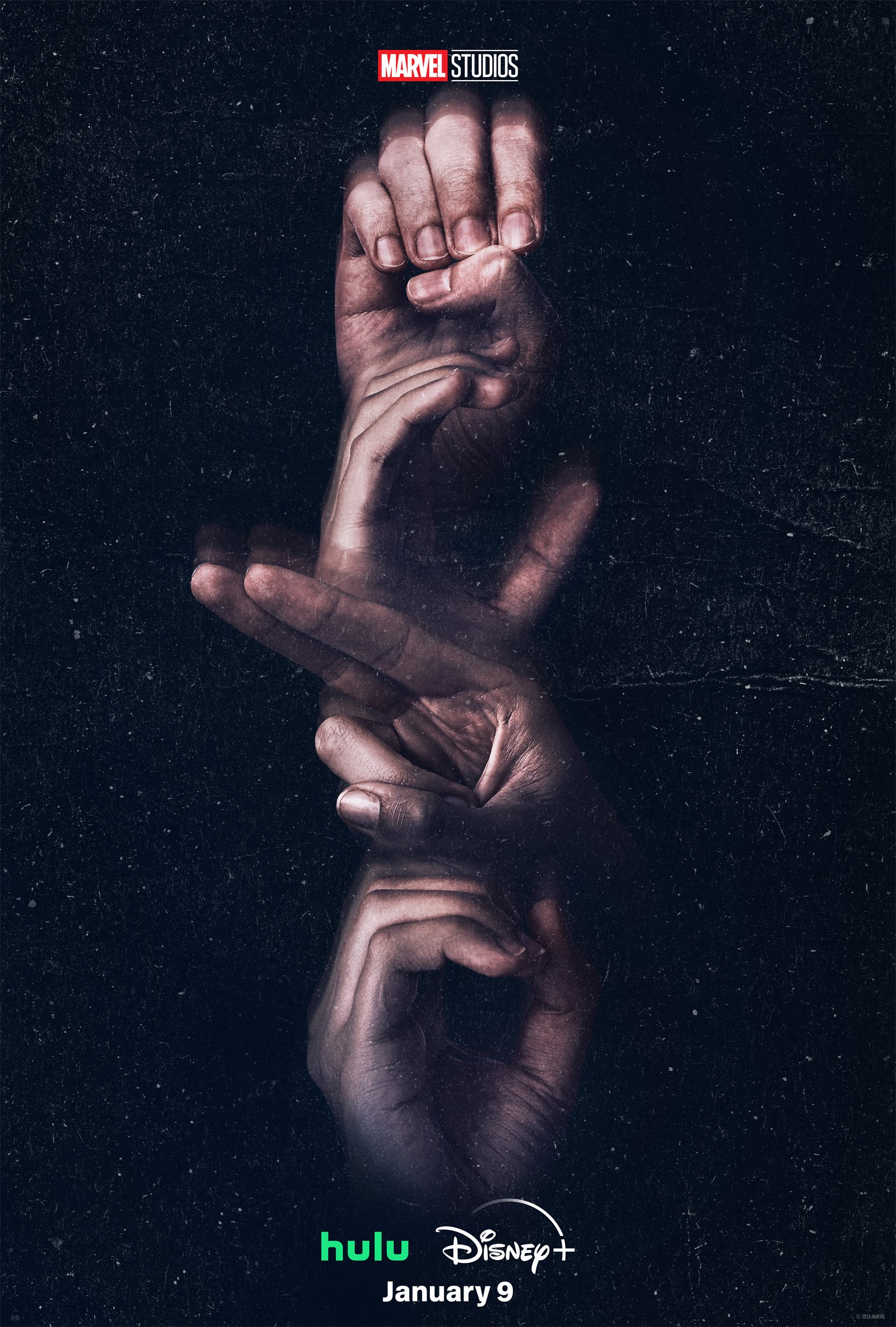 Marvel Studios Echo TV show promotional phone wallpaper featuring artistic hand symbols on a dark background.