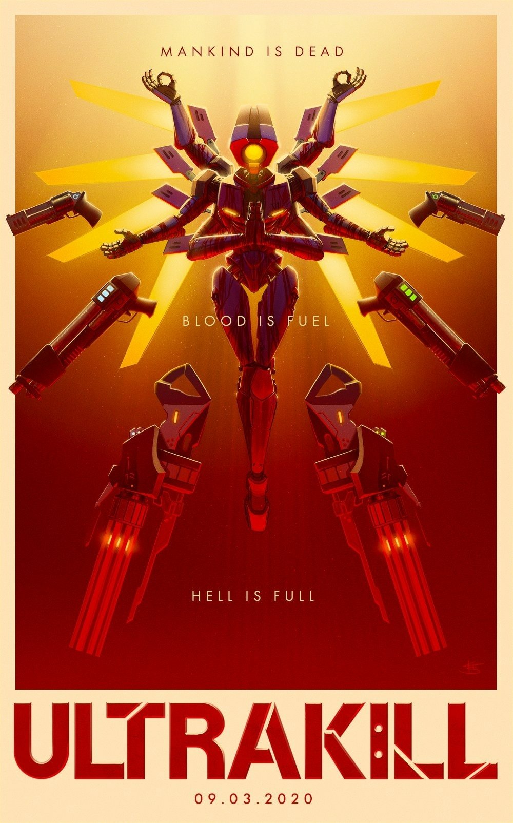 Stylish ULTRAKILL video game wallpaper for phones, featuring an imposing robot character with a dramatic yellow and red backdrop, emblazoned with the taglines 'Mankind is dead, Blood is fuel, Hell is full.'
