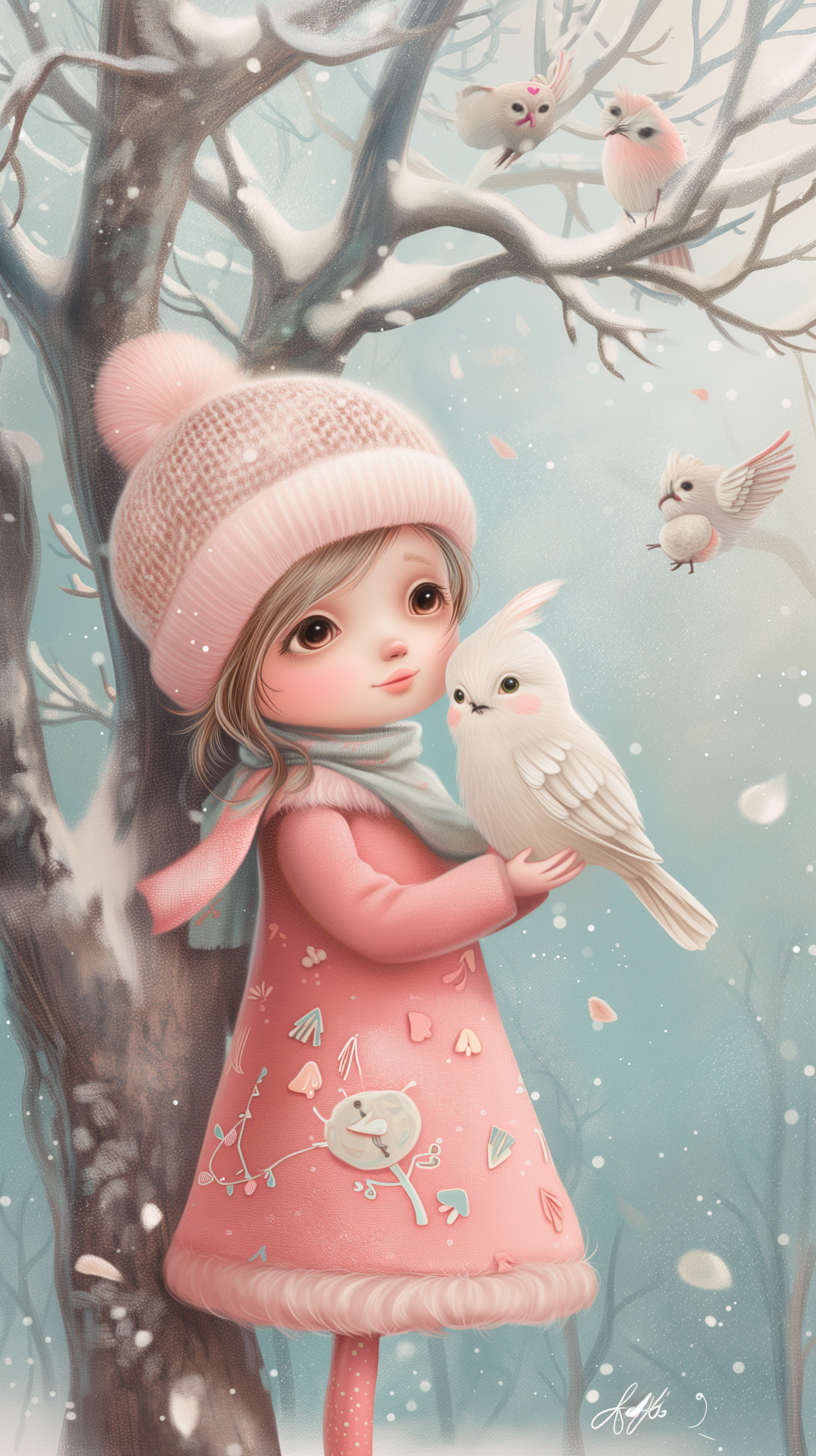 A whimsical phone wallpaper featuring a cute girl in a pink dress and hat, holding a white owl amidst softly falling snowflakes and playful birds in a serene winter landscape.