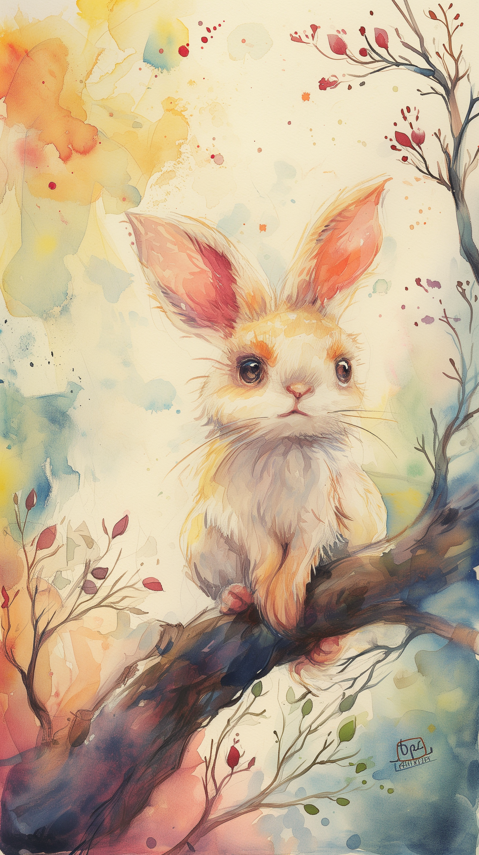 A cute rabbit perched on a branch, set against a vibrant watercolor background of soft pastels. A charming phone wallpaper that adds whimsy to your device.