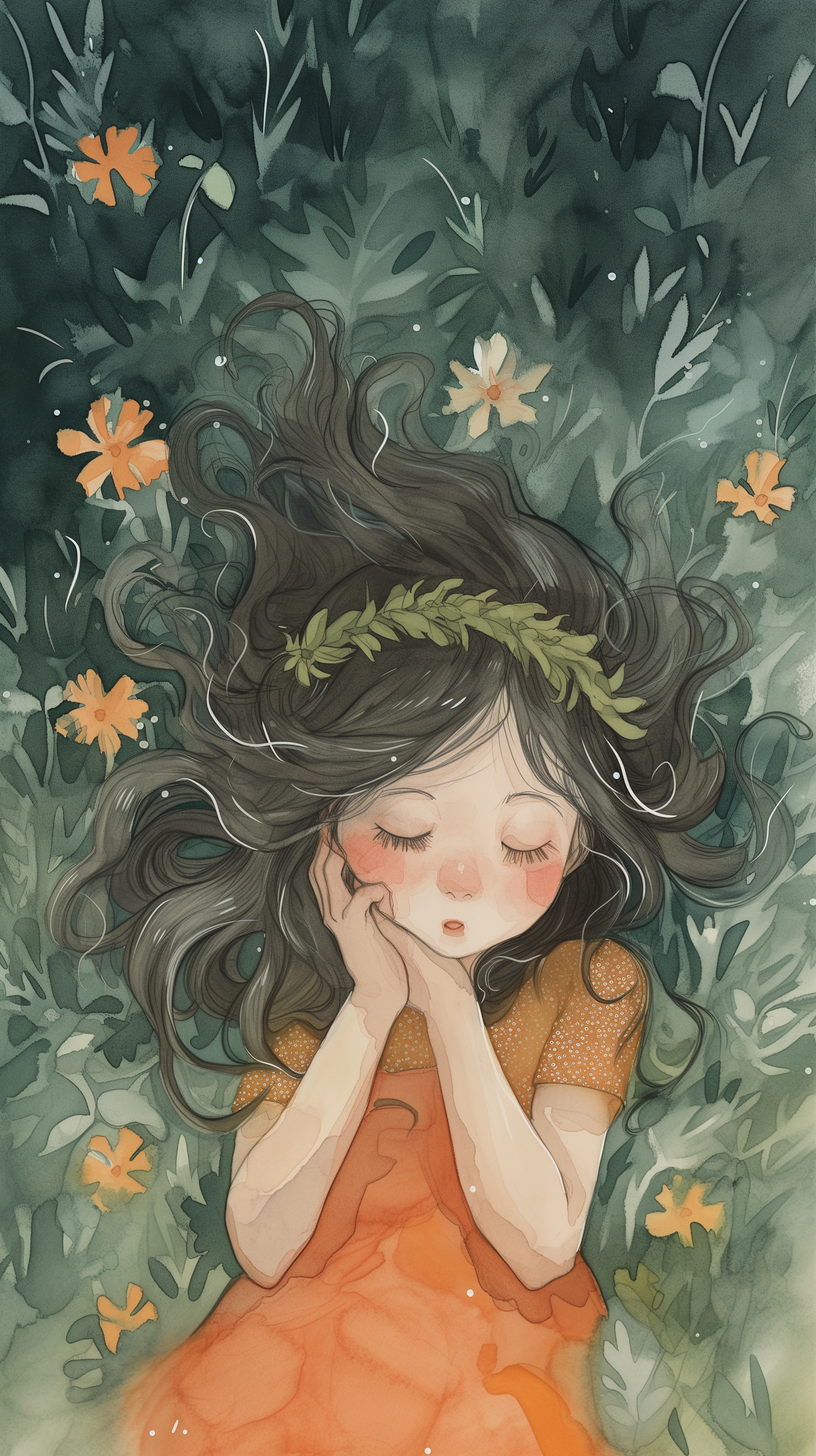 A cute phone wallpaper featuring a girl with dark hair and a floral crown, peacefully resting among vibrant flowers in a lush green setting.