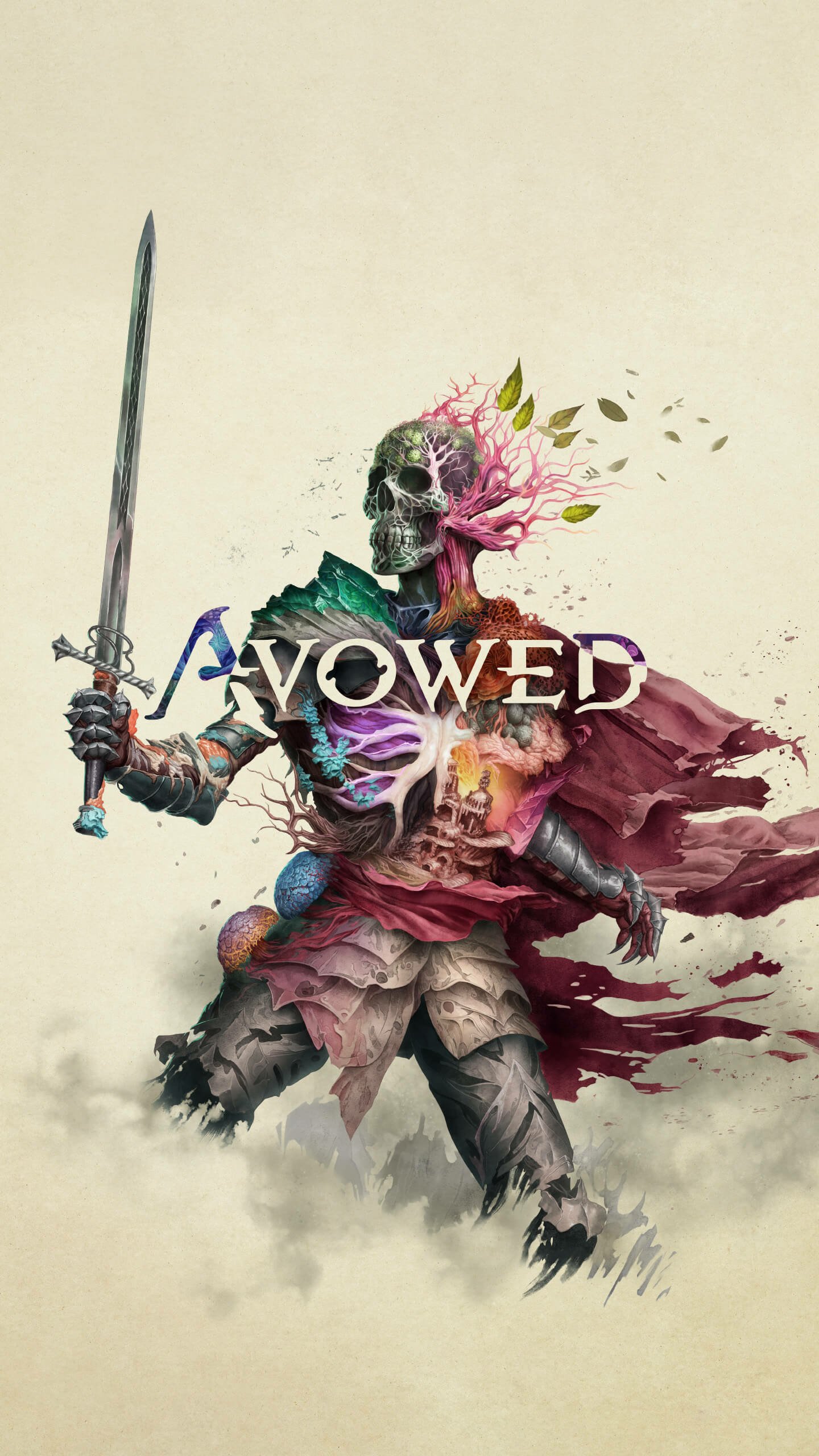 Avowed video game skeleton warrior phone wallpaper with sword and mystical elements.