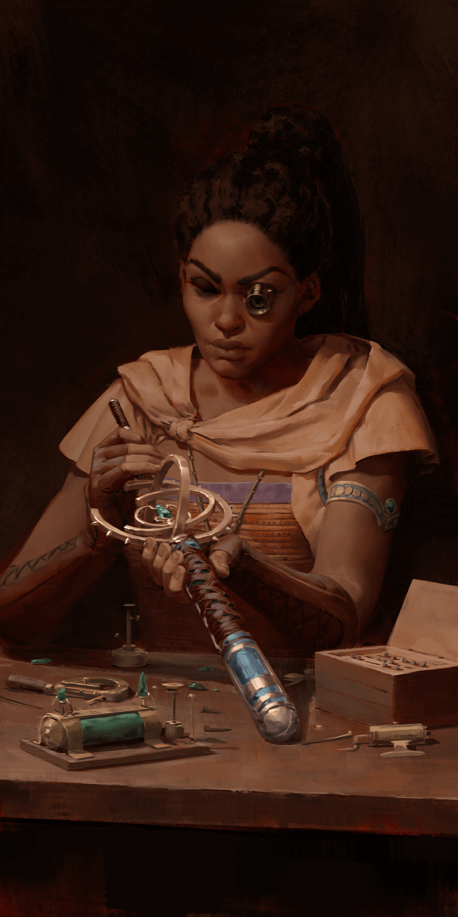 Phone wallpaper featuring a detailed illustration of a character from the video game Avowed, meticulously crafting a magical item.