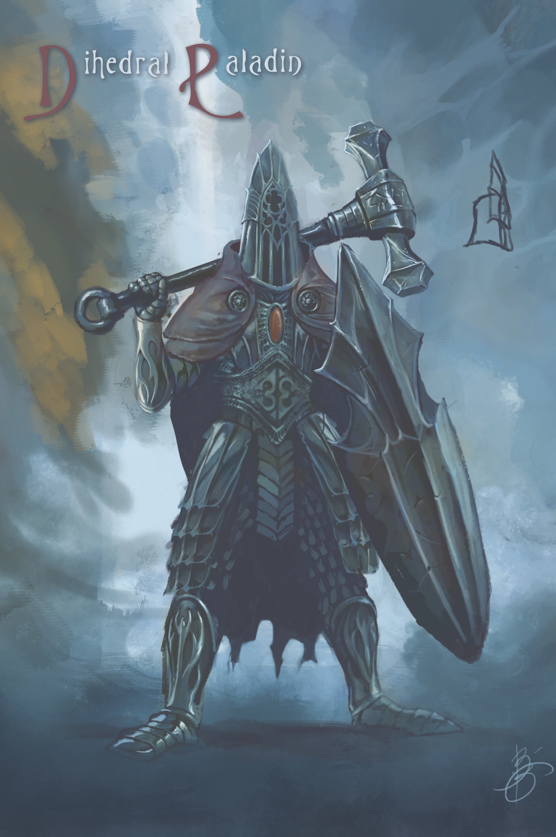 A knight in ornate armor stands confidently, wielding a massive hammer and shield, set against a misty backdrop. This artwork from Graven makes an striking phone wallpaper.