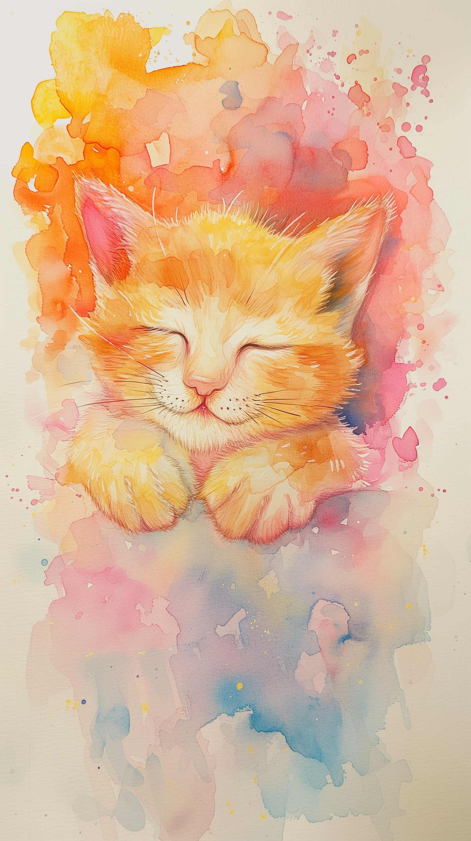 A watercolor illustration of a sleeping orange cat, resting peacefully against a vibrant, colorful background, making it a charming phone wallpaper choice.