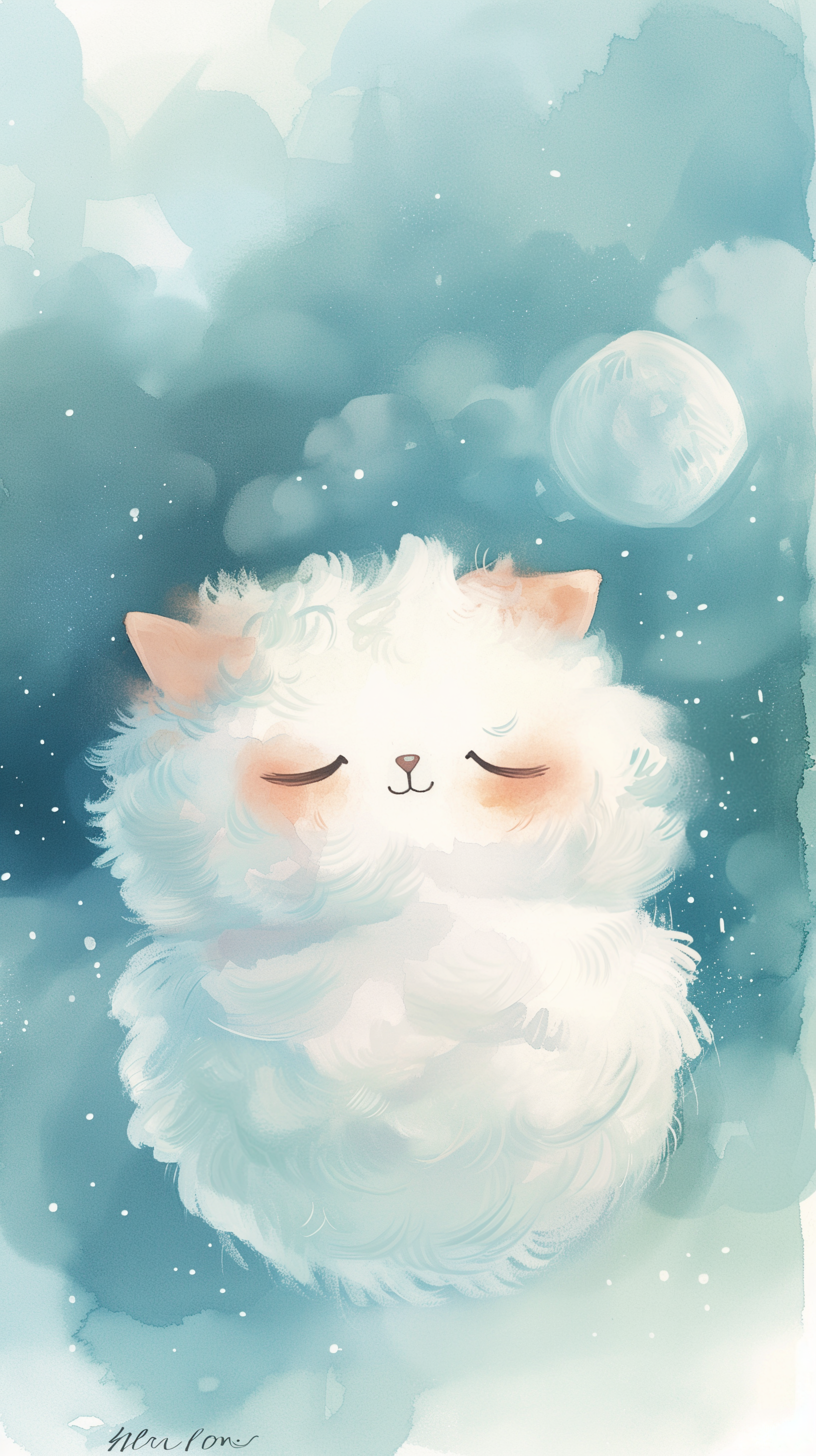 A cute, fluffy character peacefully sleeping among soft clouds, with a serene moon in the background, creating a charming phone wallpaper.