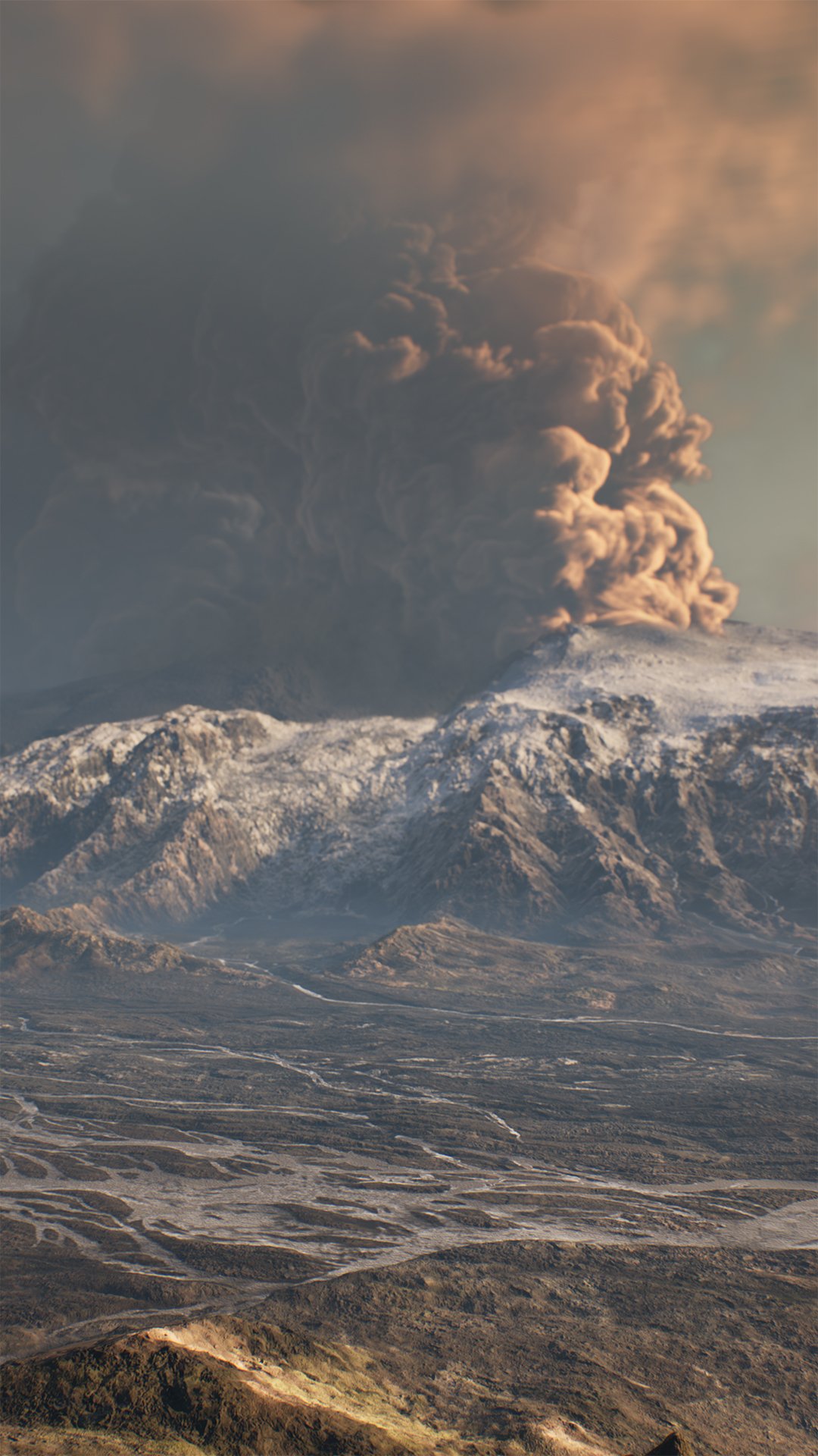 Dramatic volcanic eruption with smoke plume over snowy mountains, from Senua's Saga: Hellblade II, designed as a mobile wallpaper.
