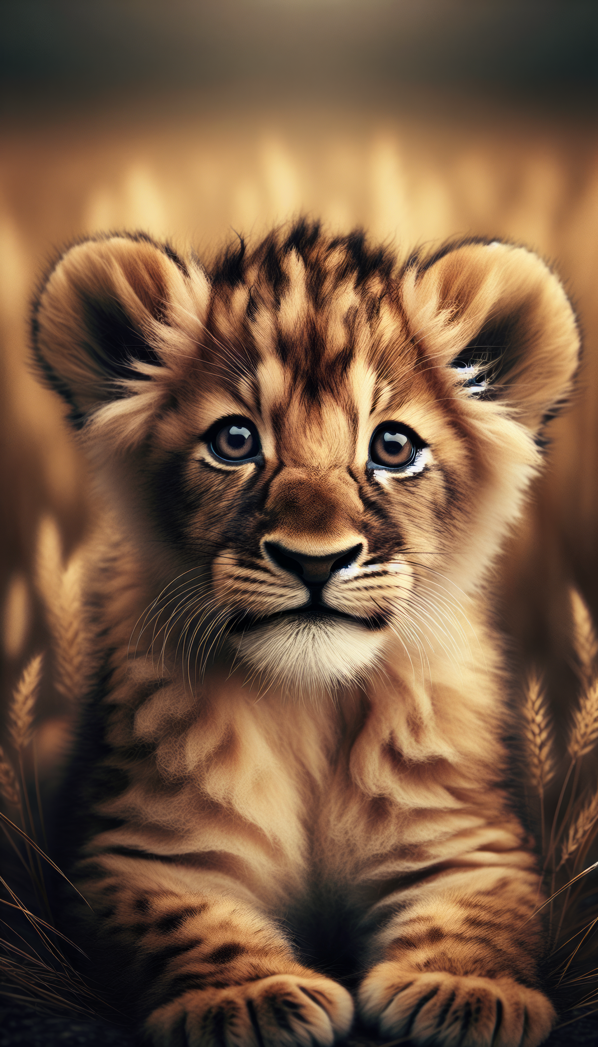 A captivating lion cub gazes directly at the viewer, surrounded by golden grass, making for an enchanting phone wallpaper. Its expressive eyes and soft fur add charm and warmth.
