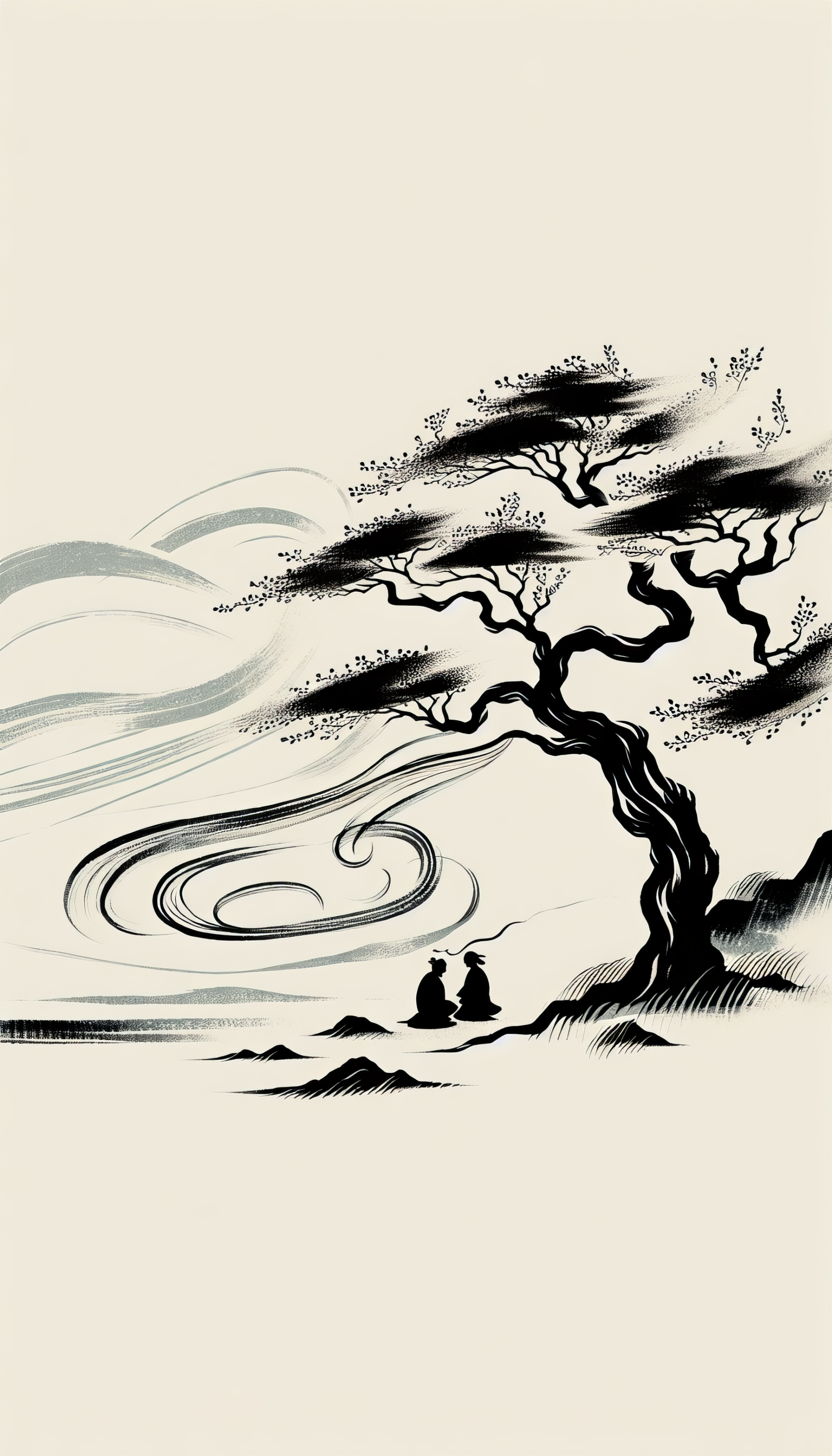 Phone wallpaper depicting an artistic soulmate concept with two silhouettes sitting under a swirling tree, symbolizing a deep connection and unity.
