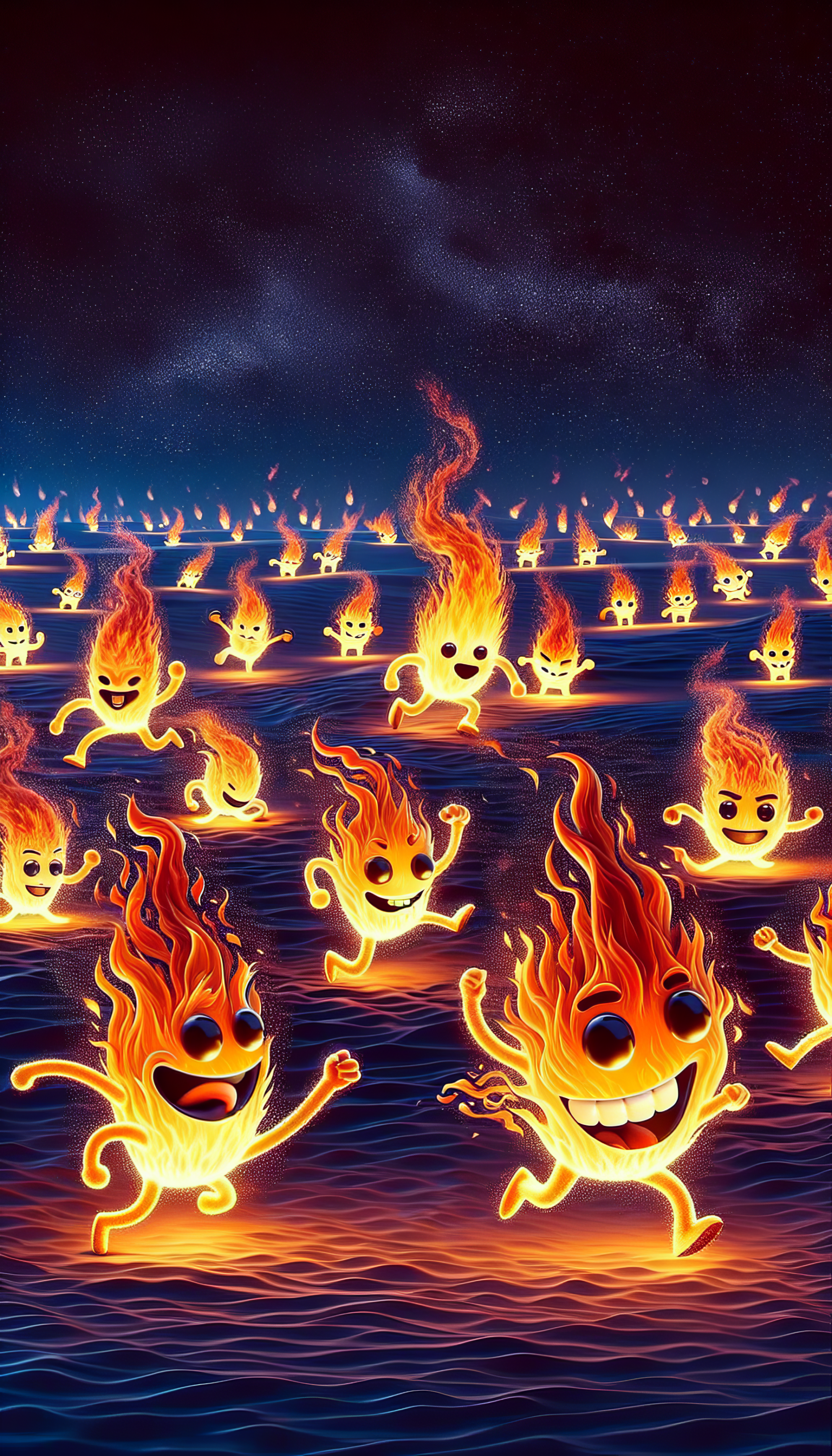 Animated wildfire-themed phone wallpaper featuring playful fire characters dancing over a dark body of water under a night sky.