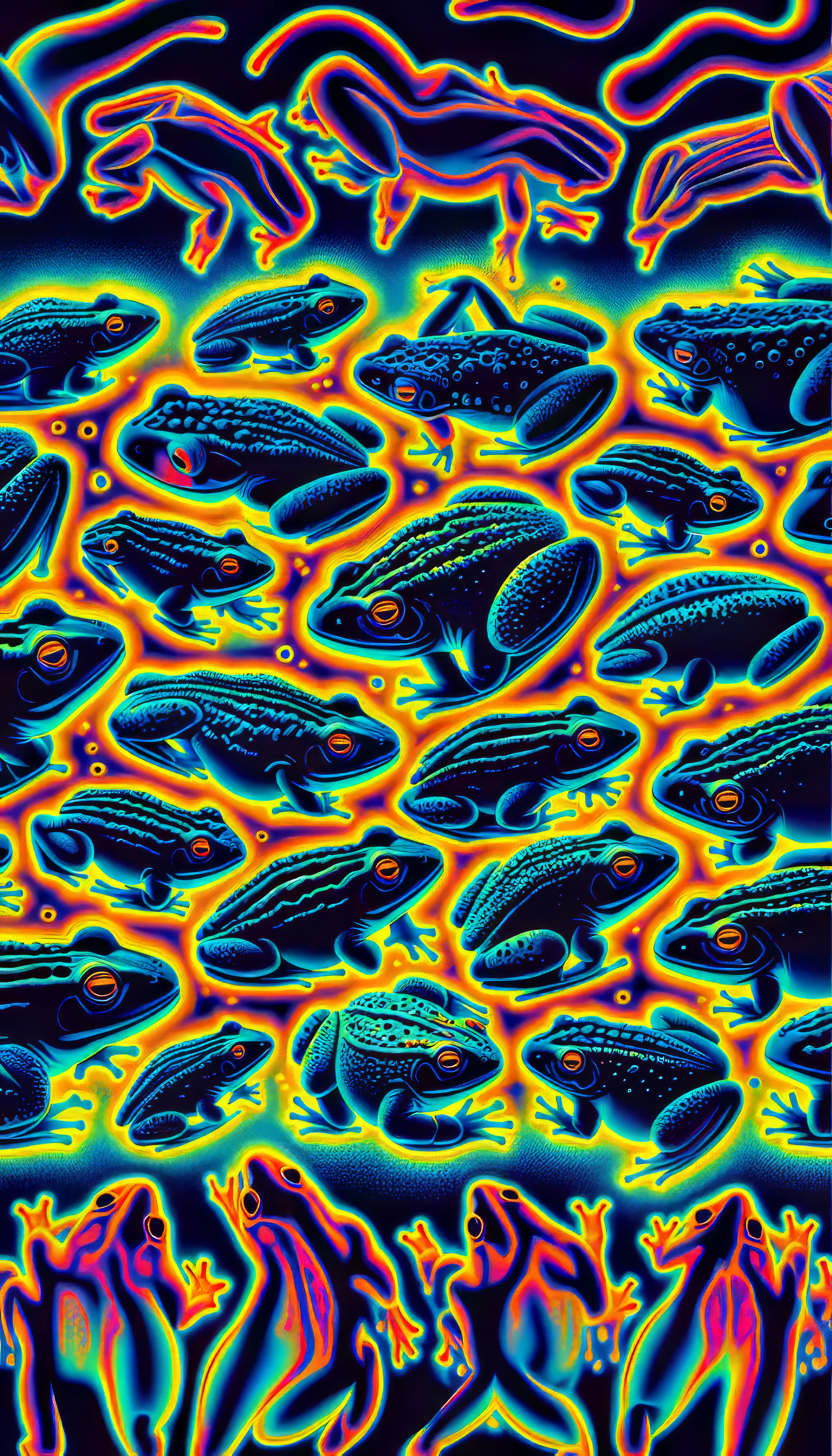 Colorful neon bullfrog pattern phone wallpaper.